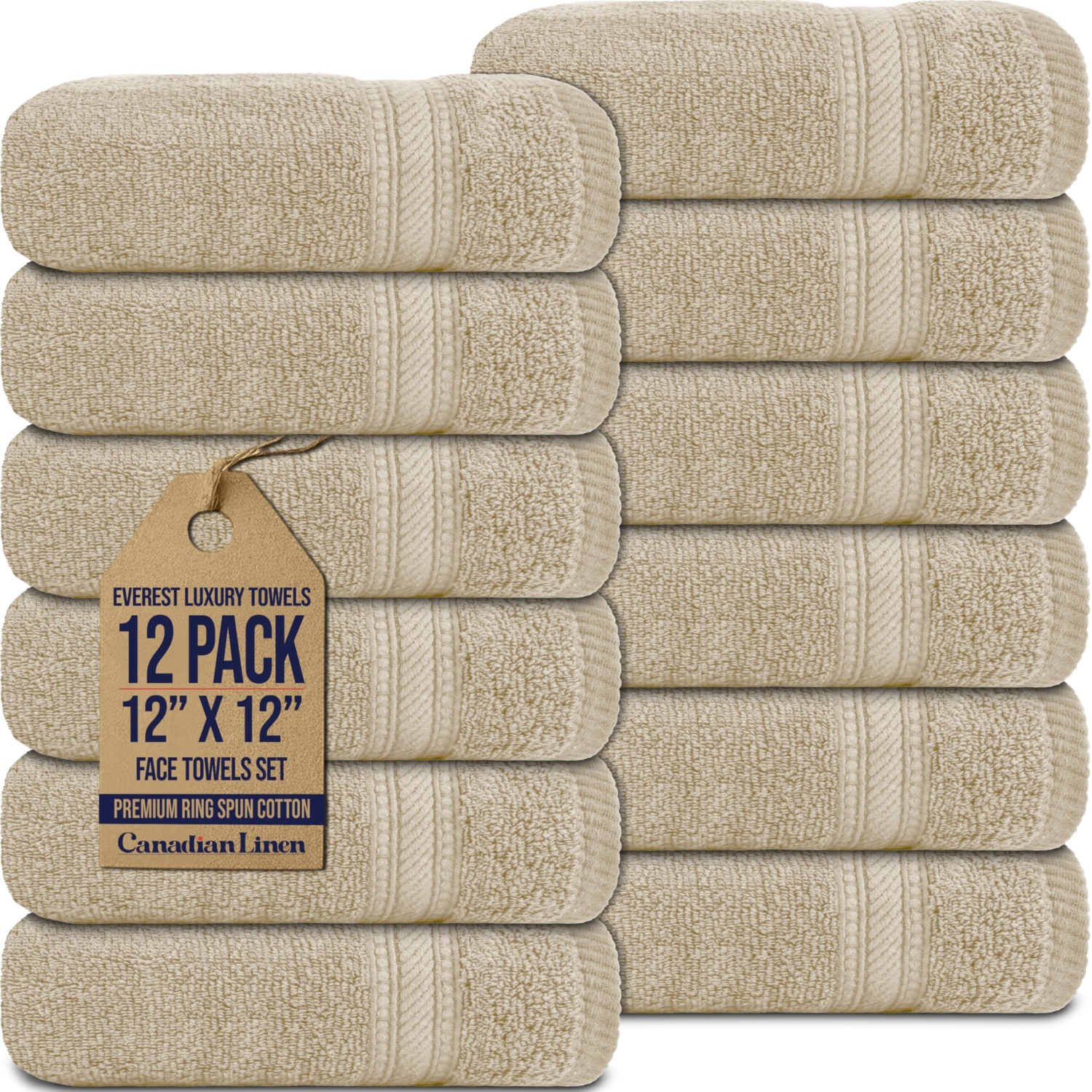 Ensemble de 12 débarbouillettes de luxe Everest de Canadian Linen, 12 x 12&nbsp;po, léger, doux, séchage rapide, absorbant 100 % coton, linges