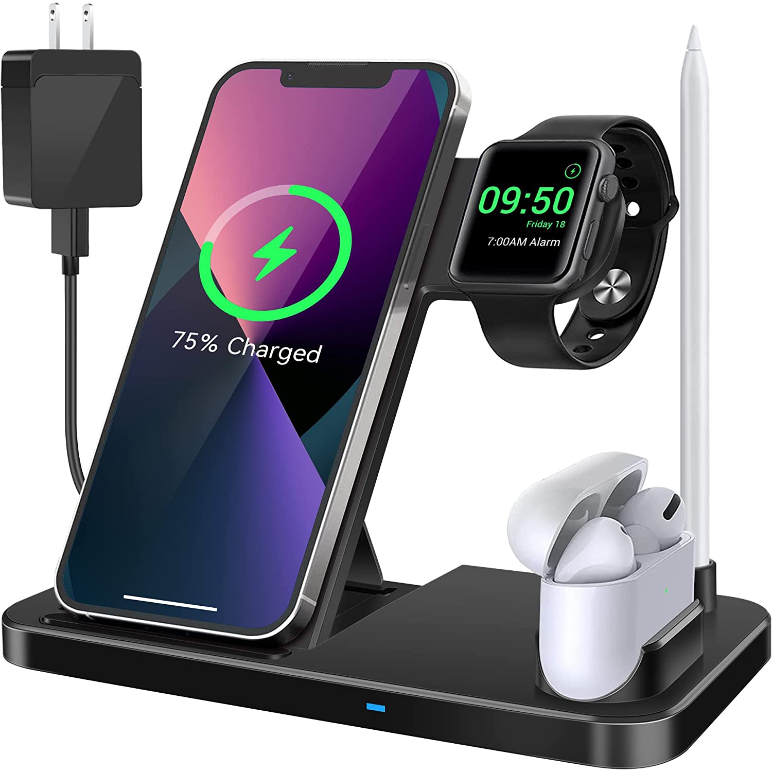 Navor 15W 4-in-1 Charging Dock Station for iPhone 13, 12, 11, XR, X, 8, iWatch Series 1-8, AirPods 1, 2, Pro, Apple Pencil, Samsung S22, S22+, S21, S20, S10