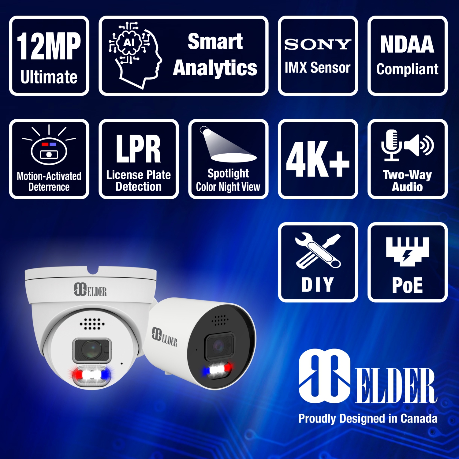 Elder - Système de 4 caméras de sécurité 12 Mpx NVR 8 canaux PoE, 30 ips, double lumière extérieure 4K 2 To, capteur Sony et NDAA, visage et plaque