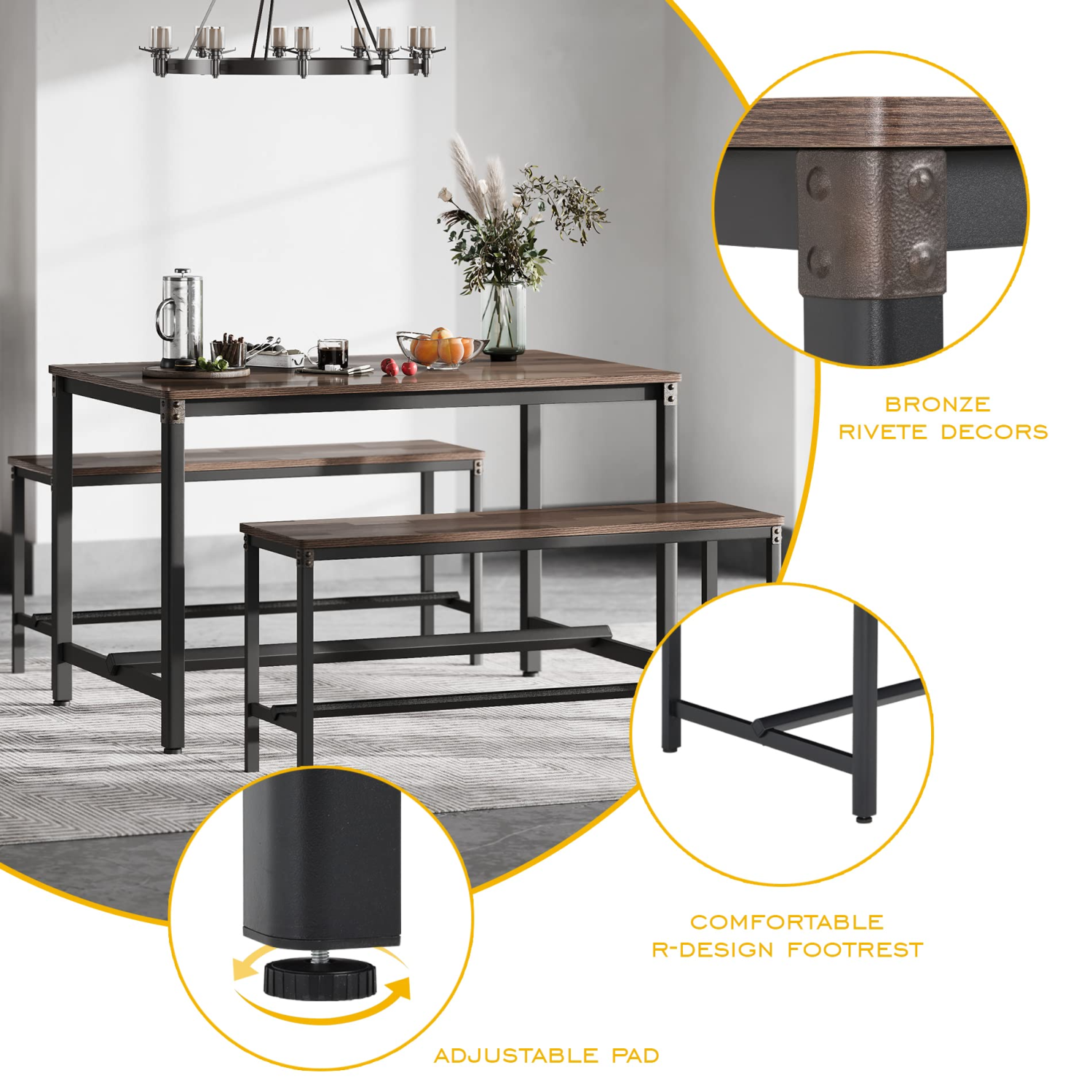 HOMOOI Dining Table Set for 4, Exclusive Arc-Corner-Leg Wood Table and Bench Set with Riveted Metal Corner Decor and Ergonomic Footrests for Dining