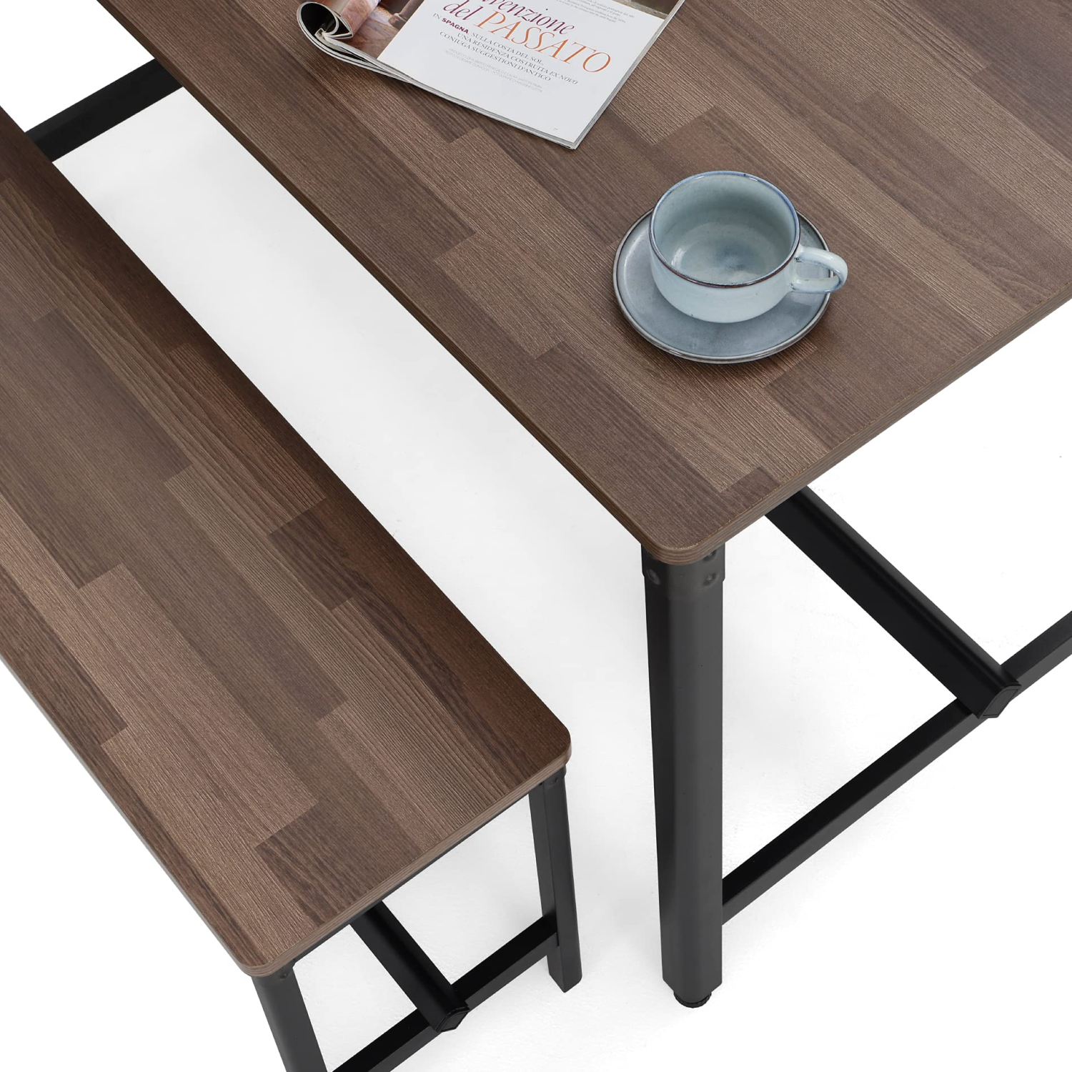 HOMOOI Dining Table Set for 4, Exclusive Arc-Corner-Leg Wood Table and Bench Set with Riveted Metal Corner Decor and Ergonomic Footrests for Dining