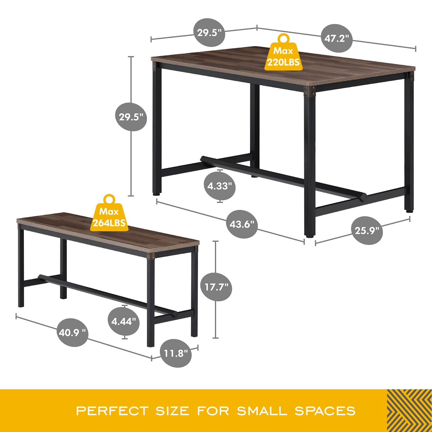 HOMOOI Dining Table Set for 4, Exclusive Arc-Corner-Leg Wood Table and Bench Set with Riveted Metal Corner Decor and Ergonomic Footrests for Dining
