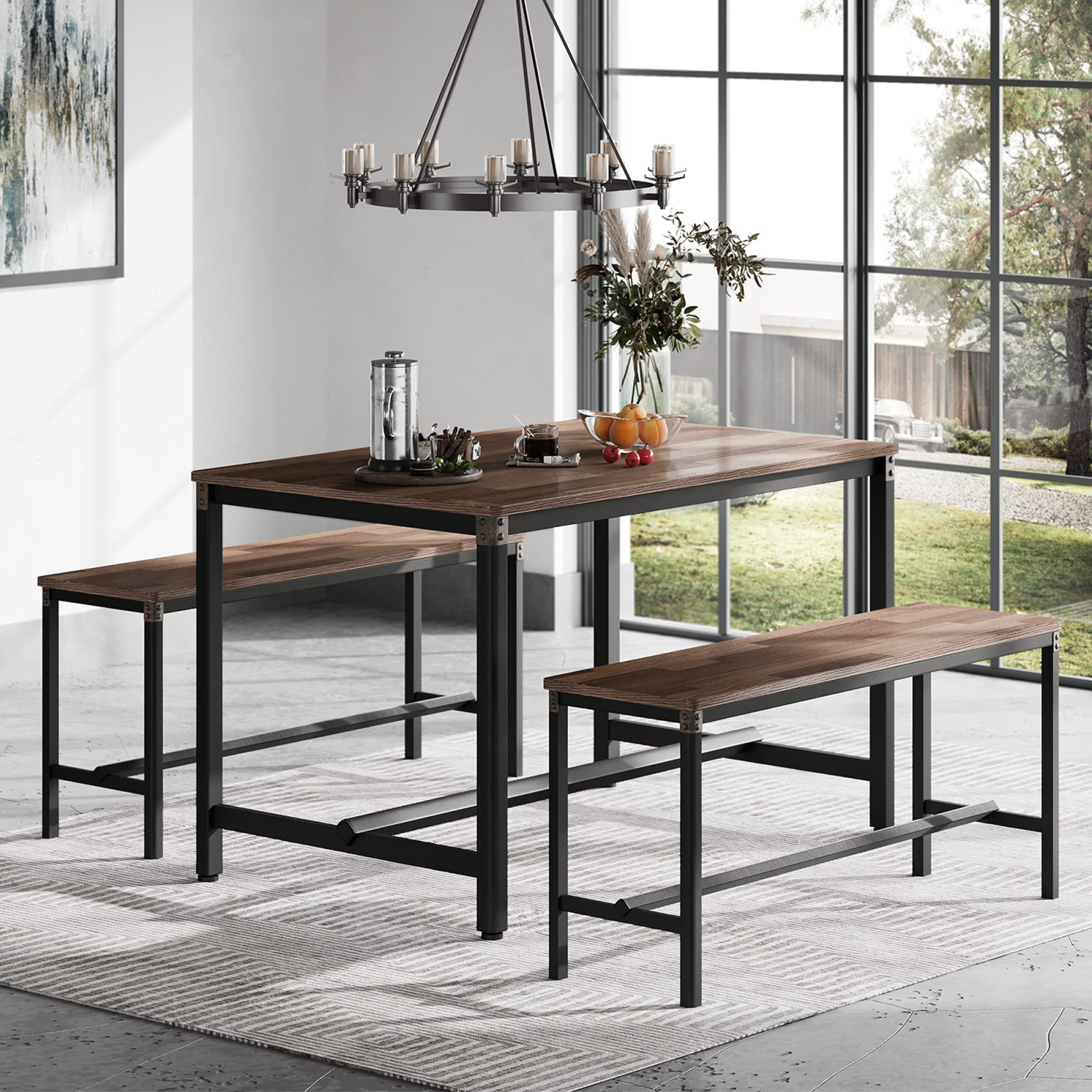 HOMOOI Dining Table Set for 4, Exclusive Arc-Corner-Leg Wood Table and Bench Set with Riveted Metal Corner Decor and Ergonomic Footrests for Dining