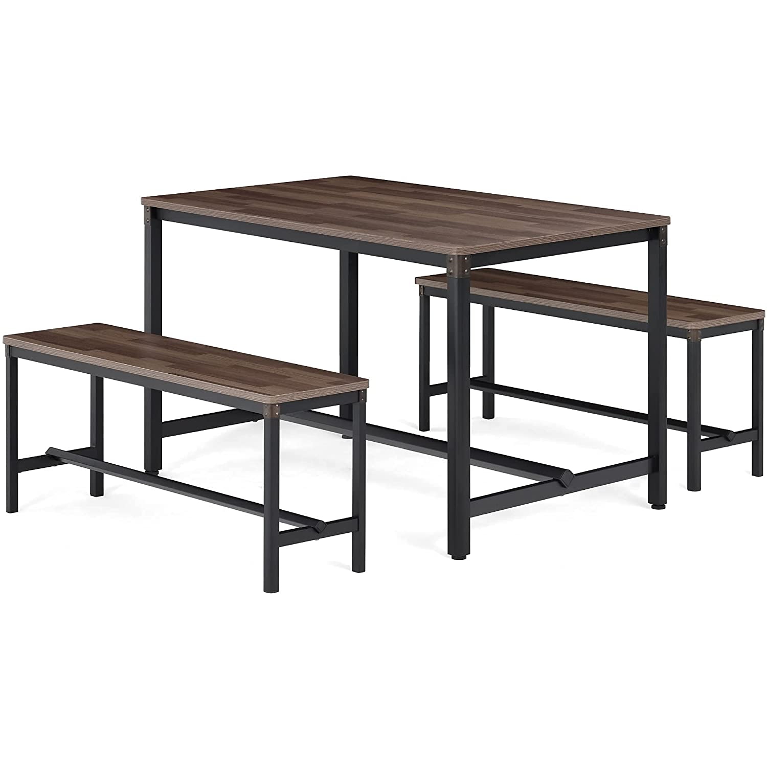 HOMOOI Dining Table Set for 4, Exclusive Arc-Corner-Leg Wood Table and Bench Set with Riveted Metal Corner Decor and Ergonomic Footrests for Dining