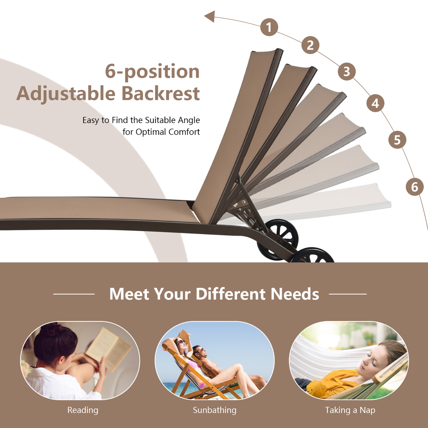 Costway 2PCS Outdoor Adjustable Chaise Lounge Patio 6-Position Recliner Wheels