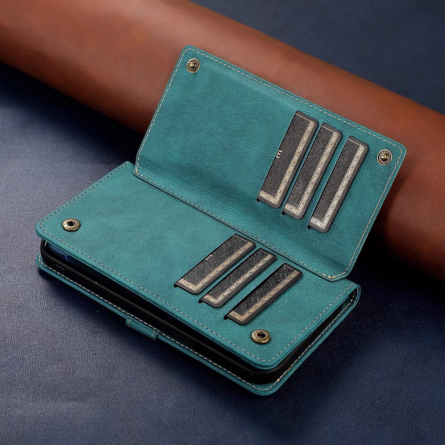 CASE & POWER Étui portefeuille en cuir Fermeture magnétique Étui à rabat en TPU résistant aux chocs avec 9 emplacements pour cartes pour iPhone 13