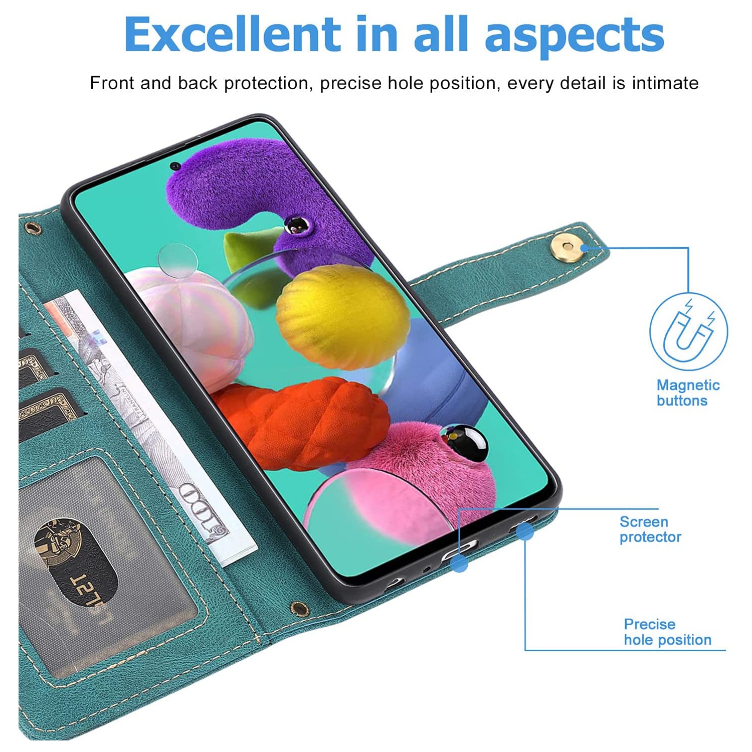 CASE & POWER Étui portefeuille en cuir Fermeture magnétique Étui à rabat en TPU résistant aux chocs avec 9 emplacements pour cartes pour iPhone 13