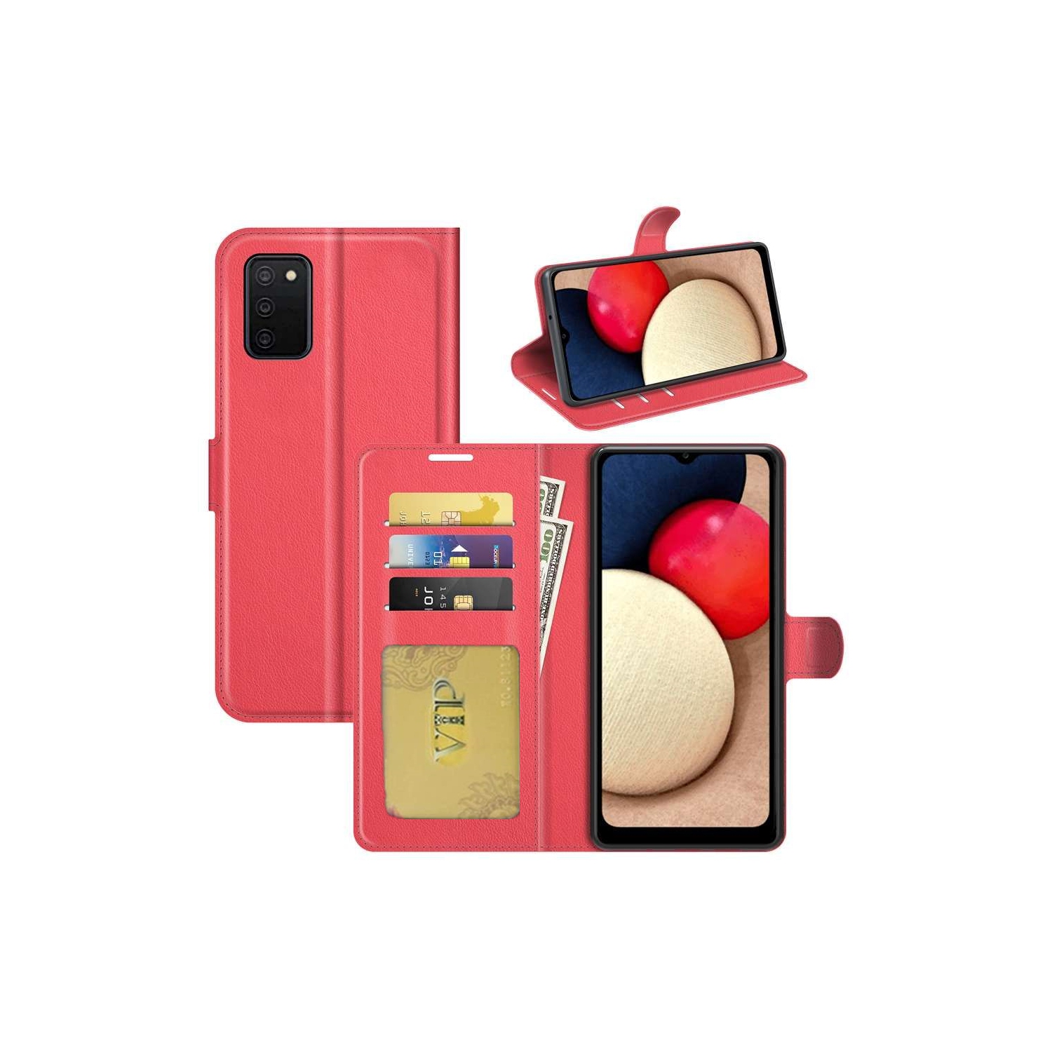 [CS] Samsung Galaxy A03s Case, Magnetic Leather Folio Wallet Flip Case Cover with Card Slot, Red