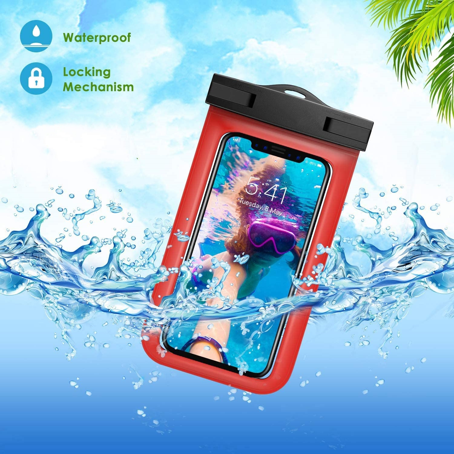 Universal Waterproof Underwater Dry Bag Pouch Case Swim Cover Fits for iPhone Samsung Cell Mobile Phones, Red