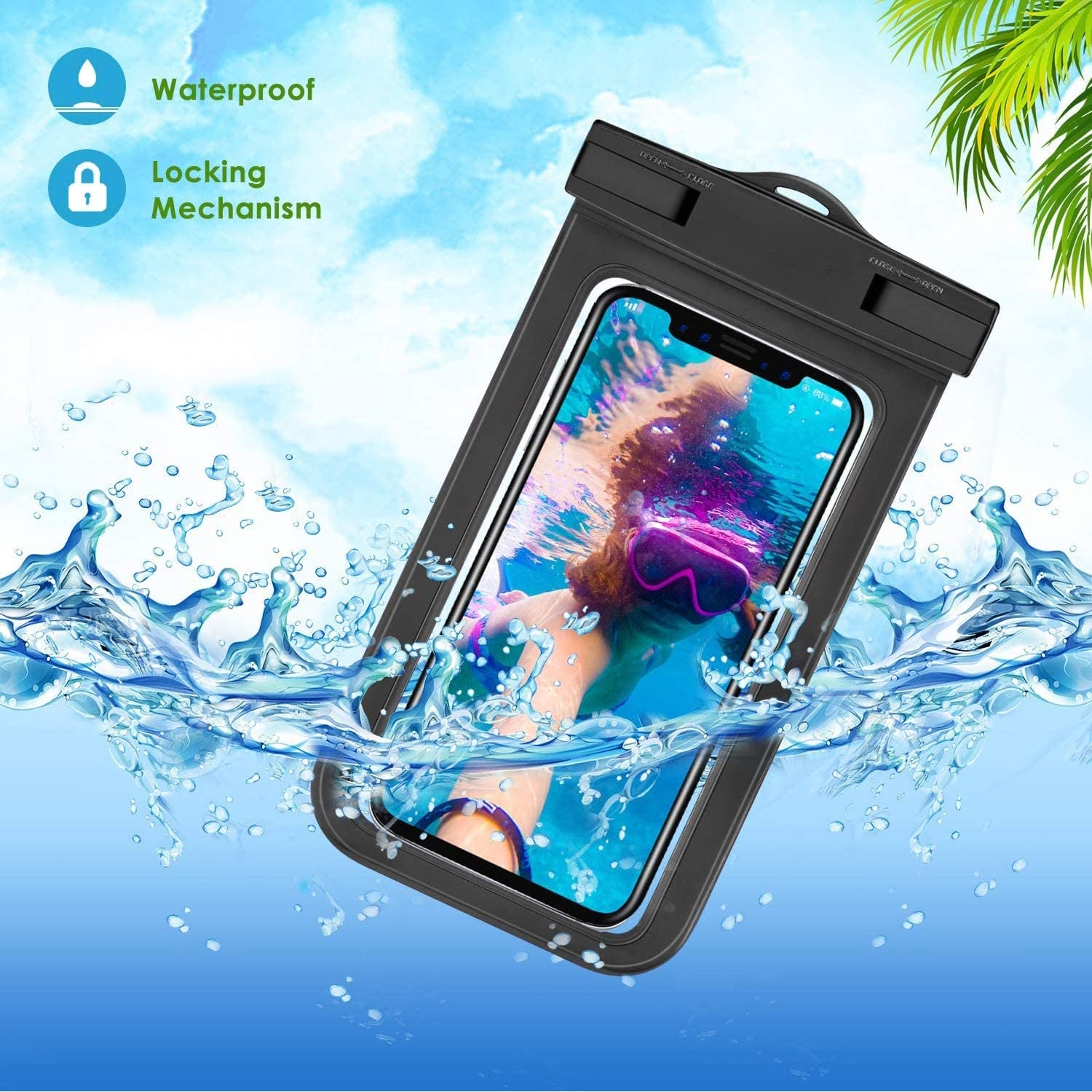 Universal Waterproof Underwater Dry Bag Pouch Case Swim Cover Fits for iPhone Samsung Cell Mobile Phones, Black