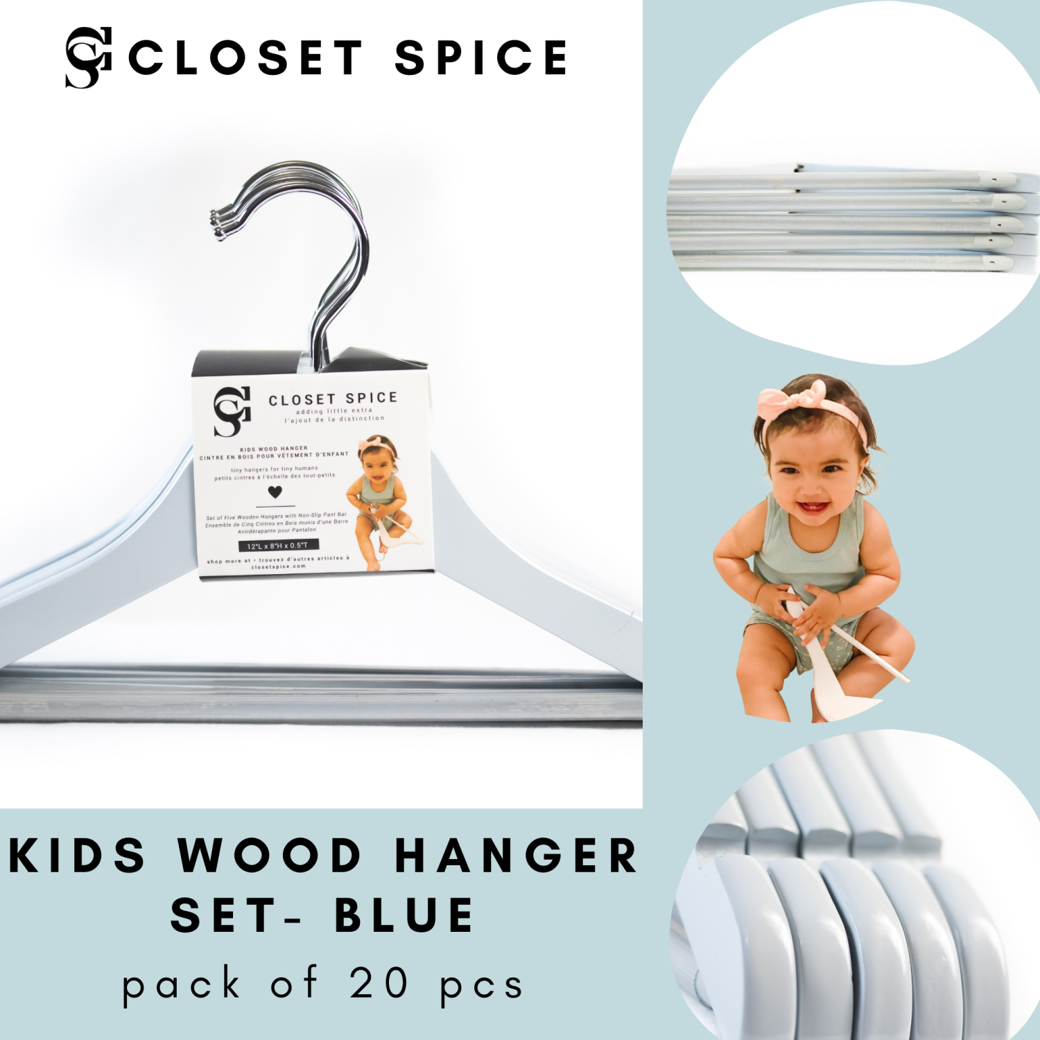 Closet Spice - 20 pk (Blue) Solid Wood Children's Hangers Smooth Finish,  360 Anti Rust Swivel Hook, Sturdy & Durable Kids Wooden Hangers w/ Notches,  Colourful & Warming Nursery Toddler Wood Hanger |