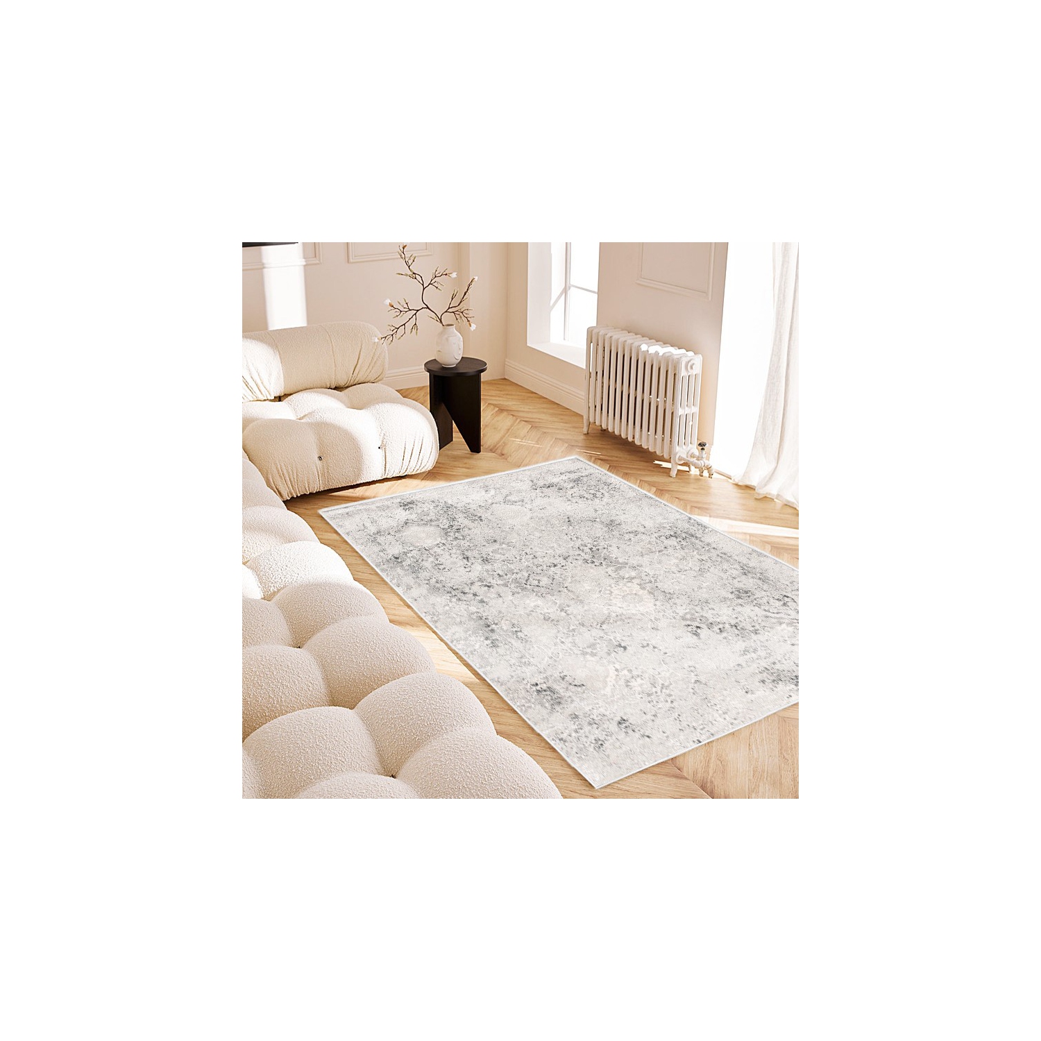 Tapis d'intérieur transitionnel à motif médaillon gris/beige branche