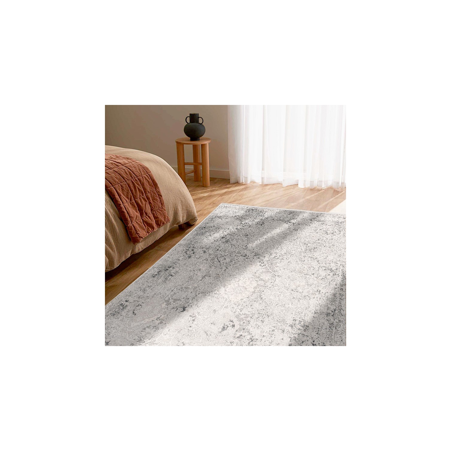 Tapis d'intérieur transitionnel à motif médaillon gris/beige branche