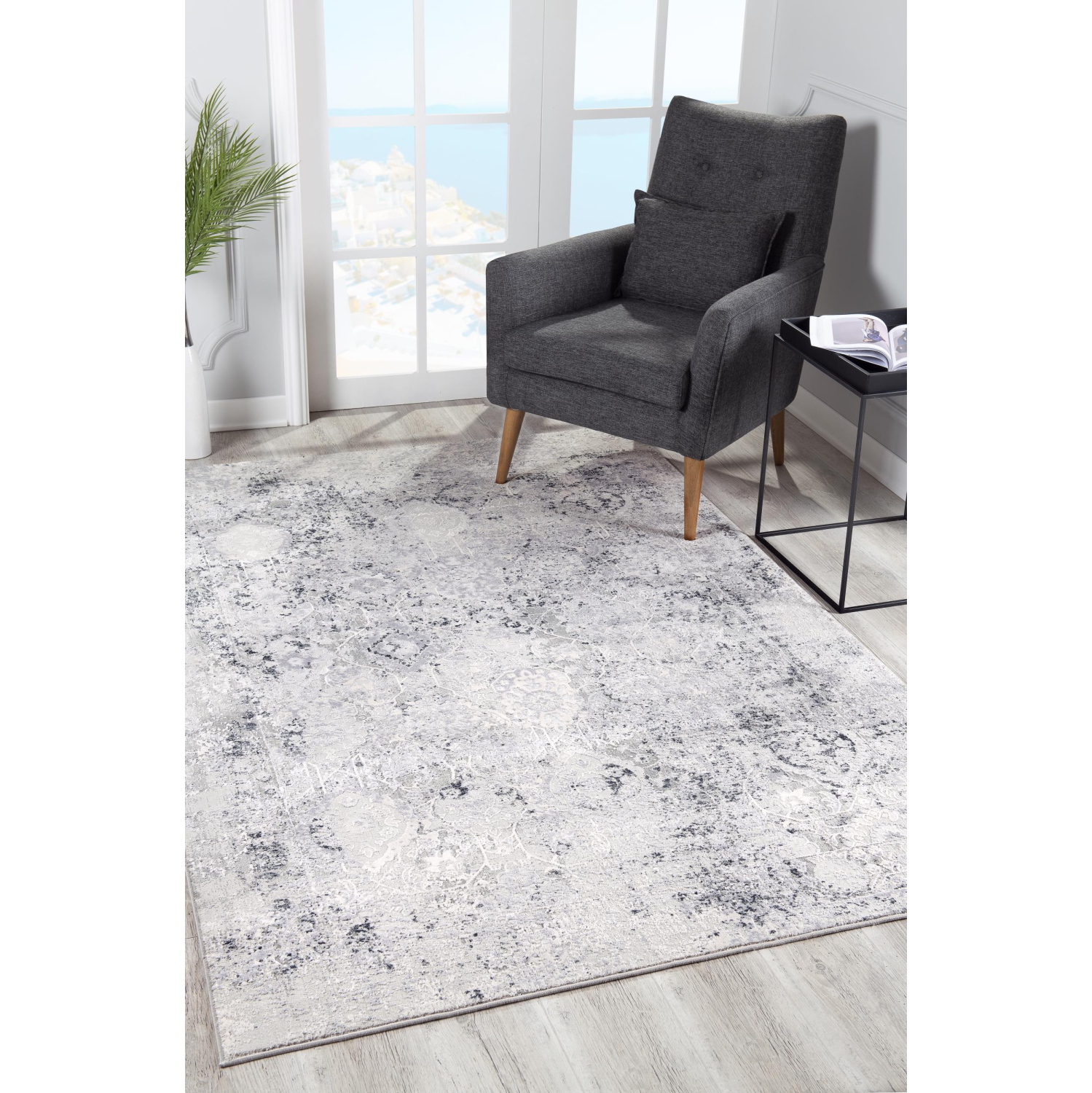 Tapis d'intérieur transitionnel à motif médaillon gris/beige branche