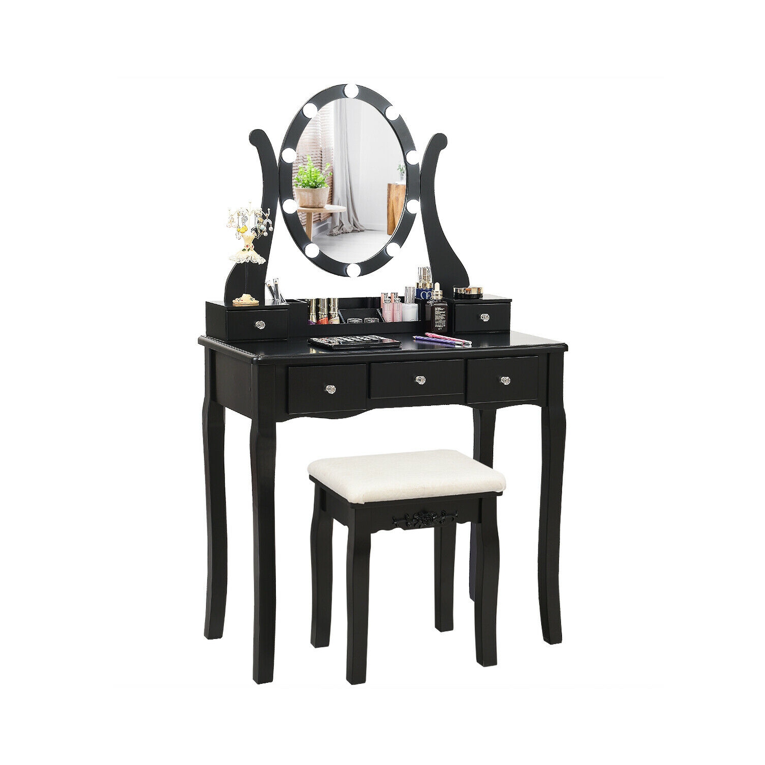 Gymax Vanity Table Set w/10 Light Bulbs and Touch Switch Makeup Dressing Table Black