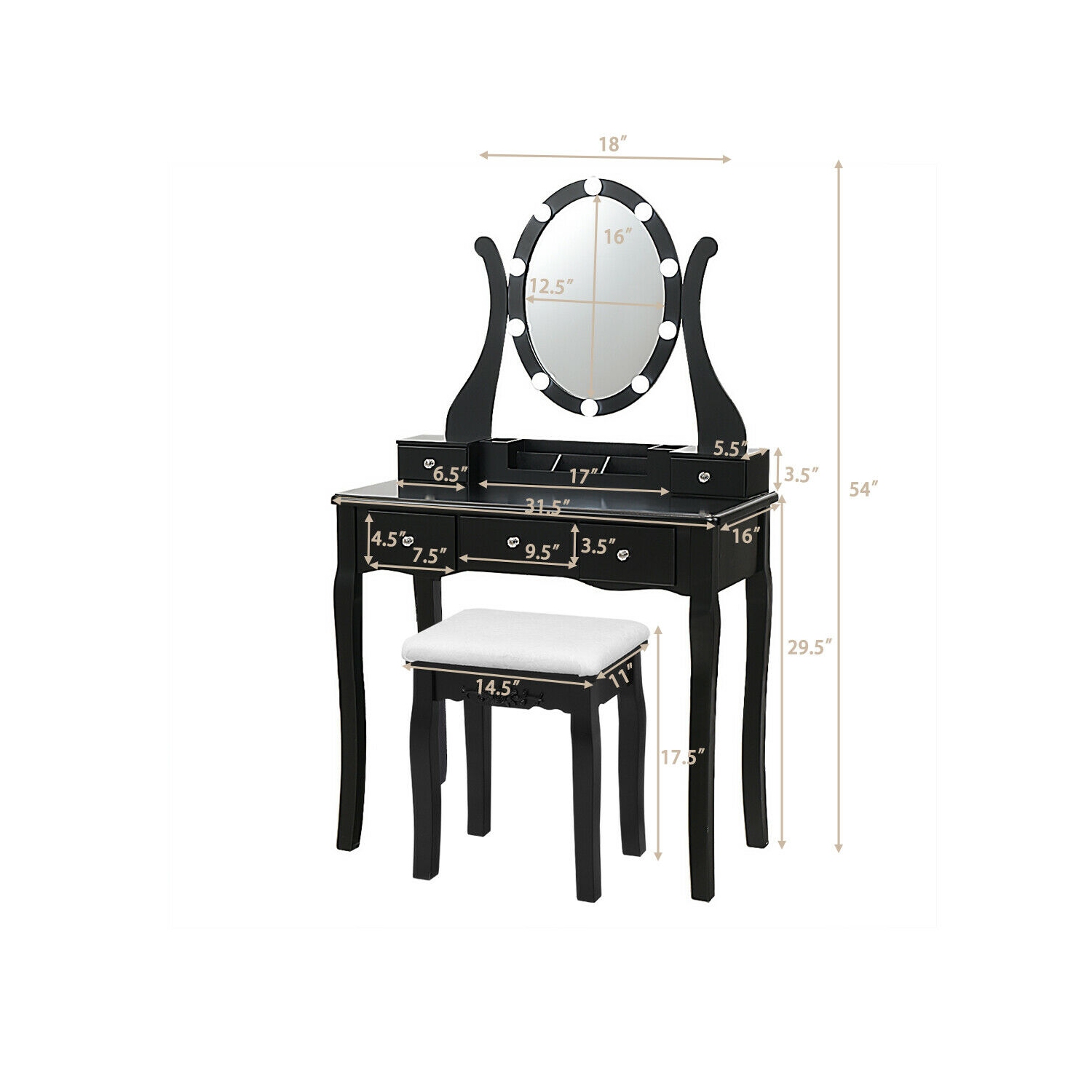 Gymax Vanity Table Set w/10 Light Bulbs and Touch Switch Makeup Dressing Table Black