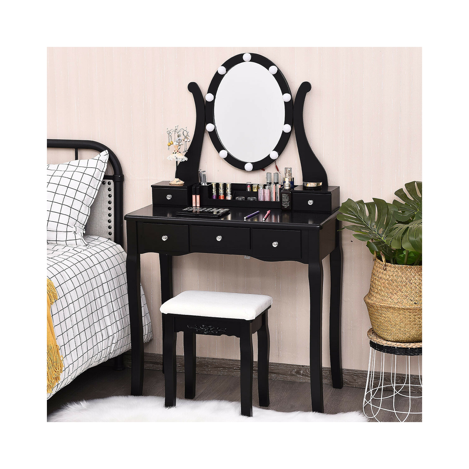 Gymax Vanity Table Set w/10 Light Bulbs and Touch Switch Makeup Dressing Table Black