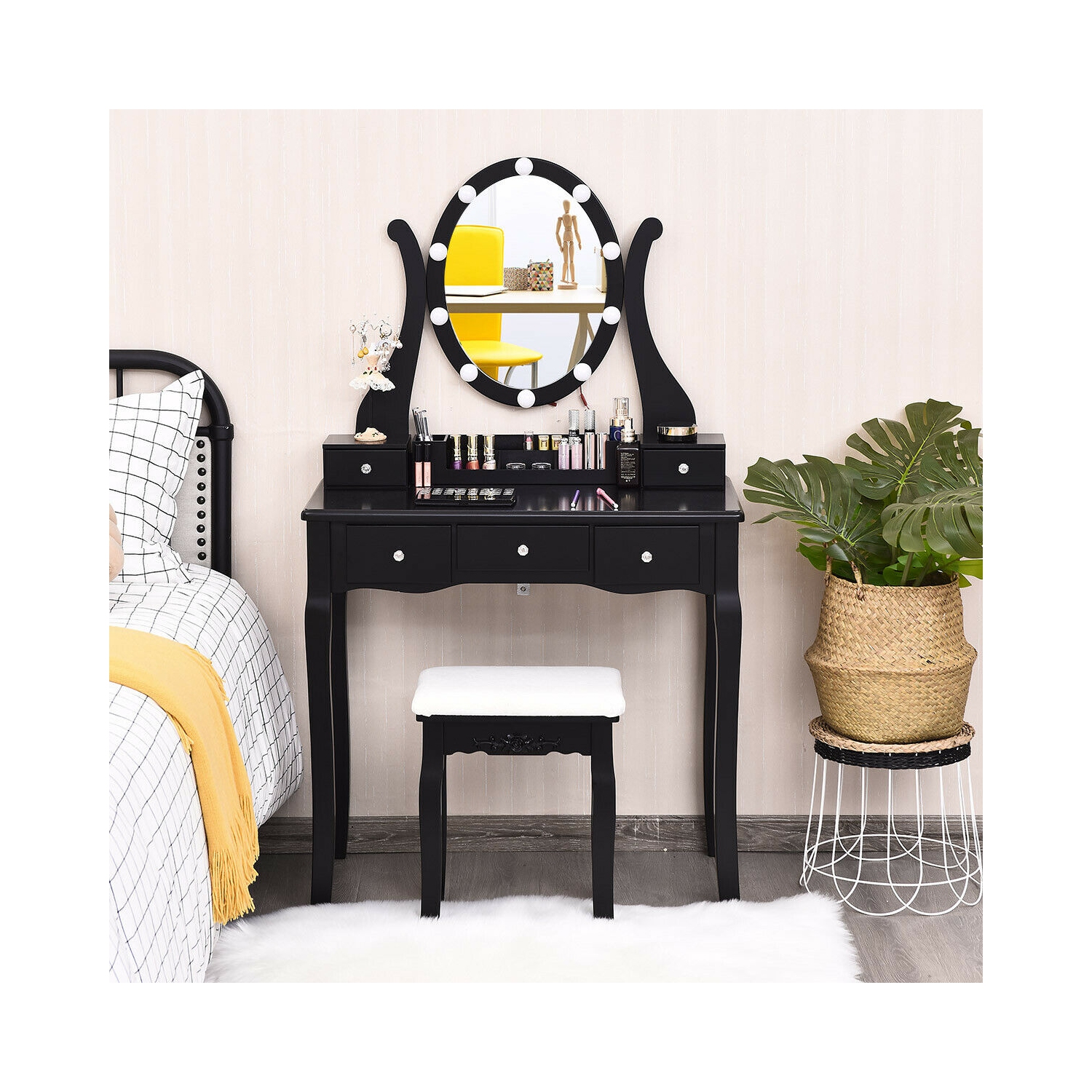 Gymax Vanity Table Set w/10 Light Bulbs and Touch Switch Makeup Dressing Table Black