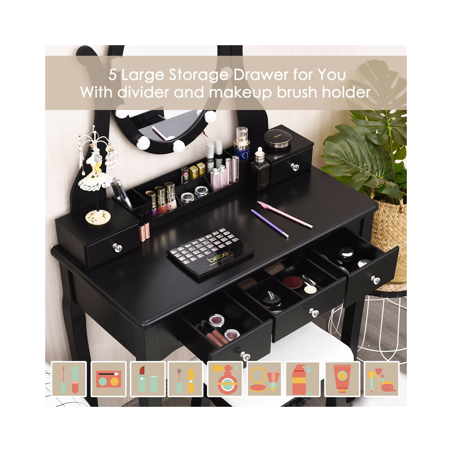 Gymax Vanity Table Set w/10 Light Bulbs and Touch Switch Makeup Dressing Table Black