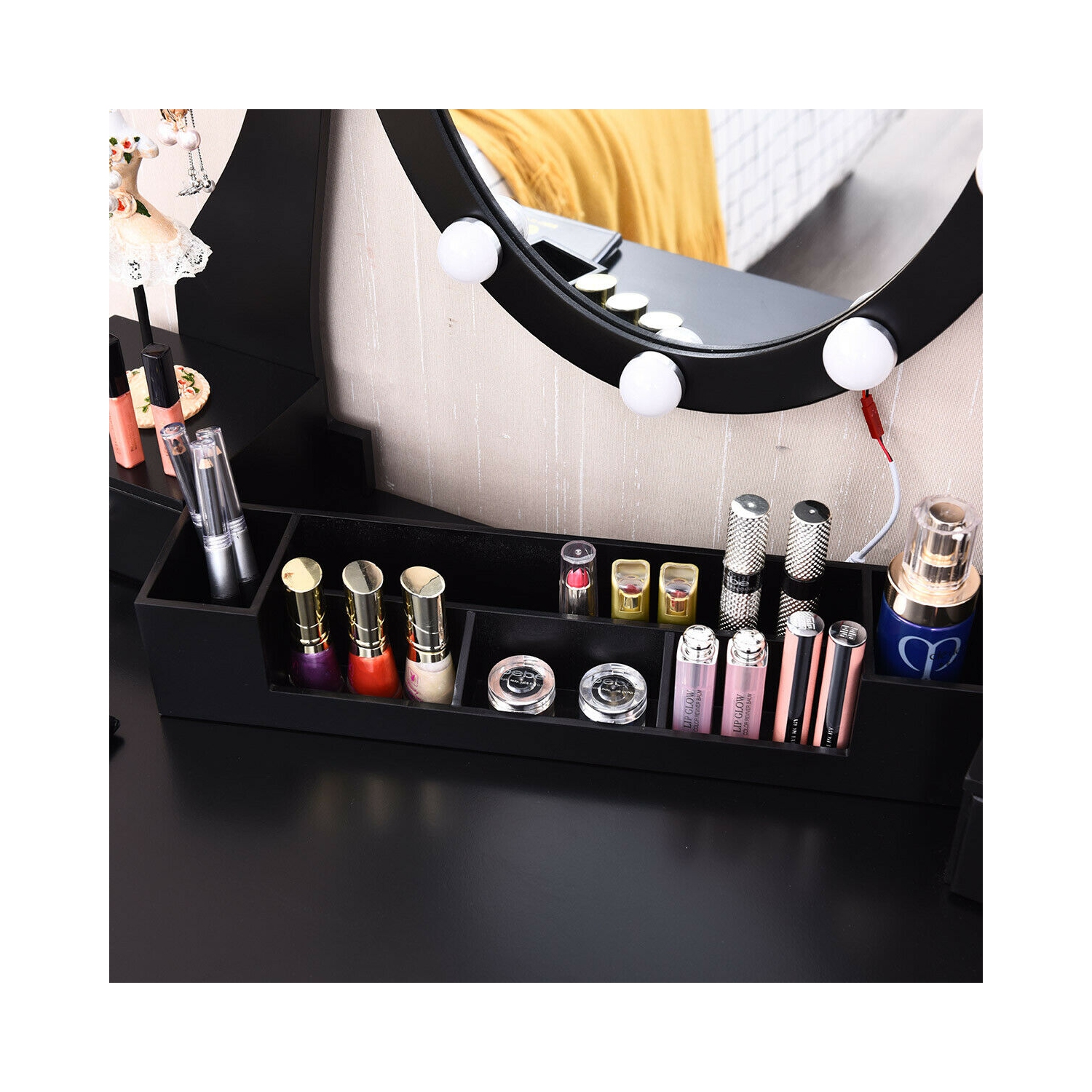 Gymax Vanity Table Set w/10 Light Bulbs and Touch Switch Makeup Dressing Table Black