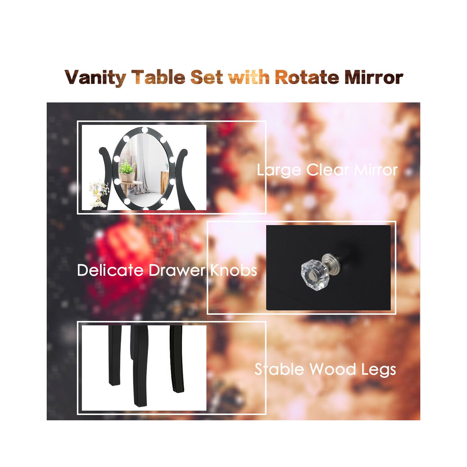 Gymax Vanity Table Set w/10 Light Bulbs and Touch Switch Makeup Dressing Table Black