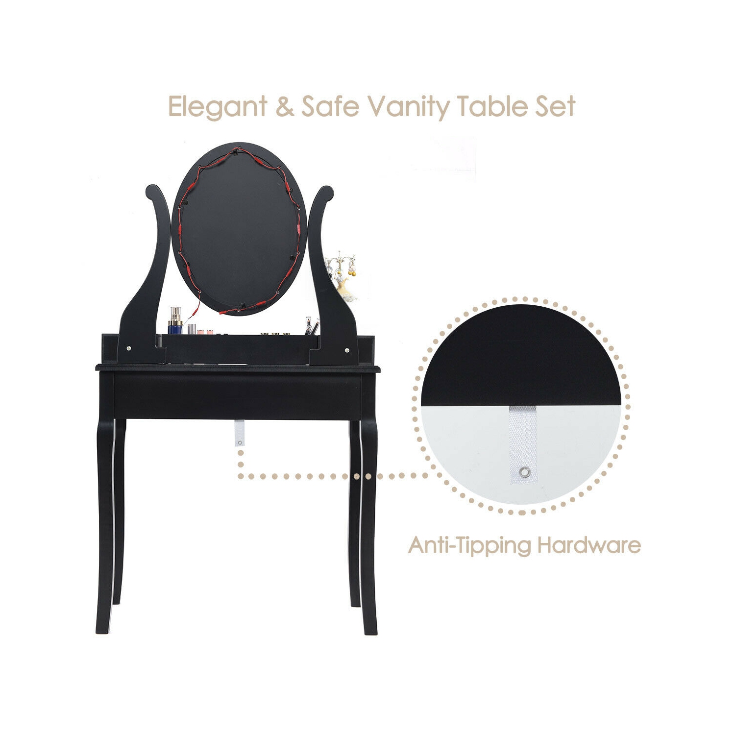 Gymax Vanity Table Set w/10 Light Bulbs and Touch Switch Makeup Dressing Table Black