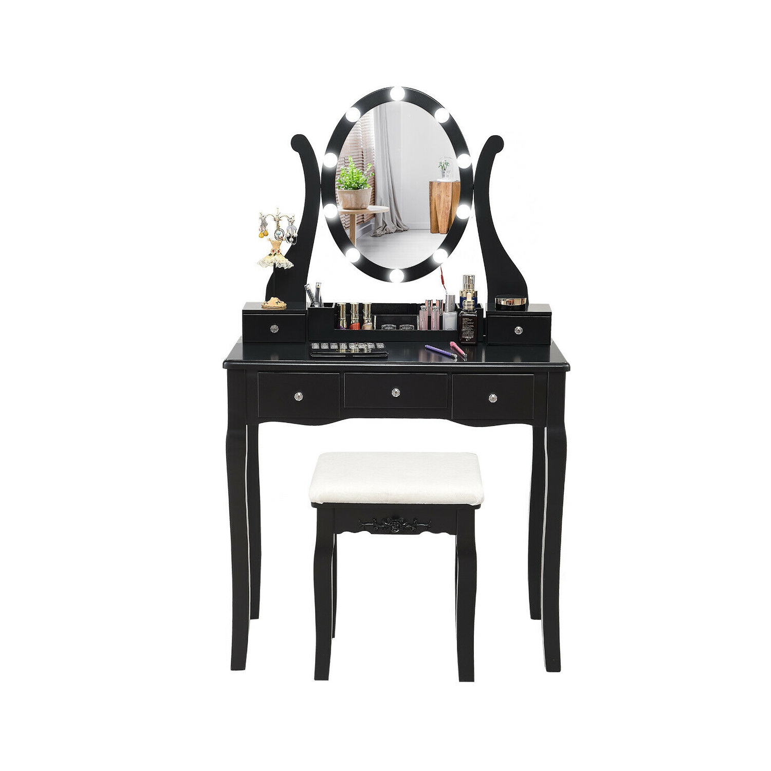Gymax Vanity Table Set w/10 Light Bulbs and Touch Switch Makeup Dressing Table Black