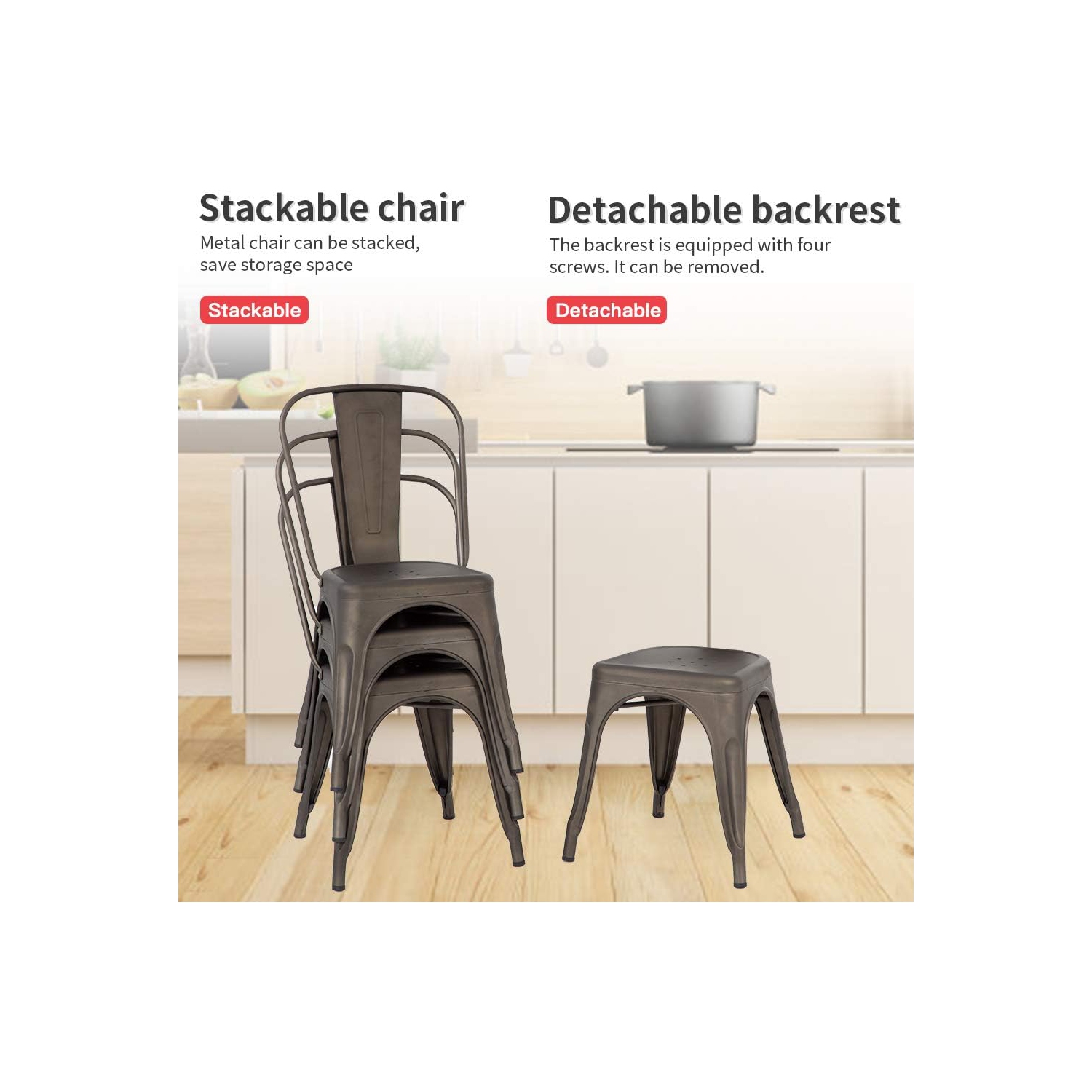 FDW Metal Dining Chairs Set of 4 Indoor Outdoor Chairs Patio Chairs Kitchen Metal Chairs 18 Inch Seat Height Restaurant Chair Metal Stackable Chair