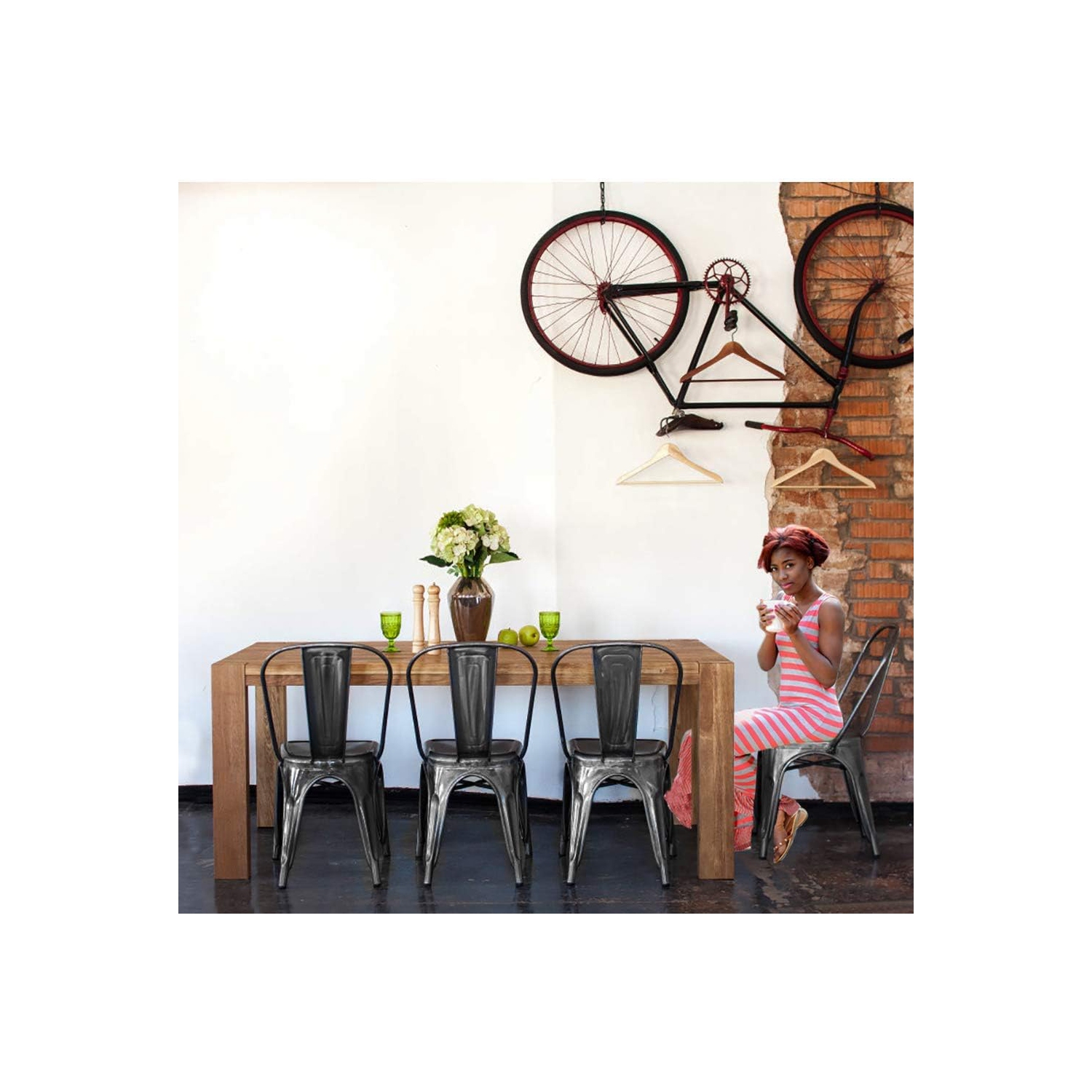 Chairs Metal Stackable Restaurant Dining Chair 18" Seat Height Bar Chairs Indoor/Outdoor Tolix Side Metal Kitchen Trattoria Chairs Set of 4