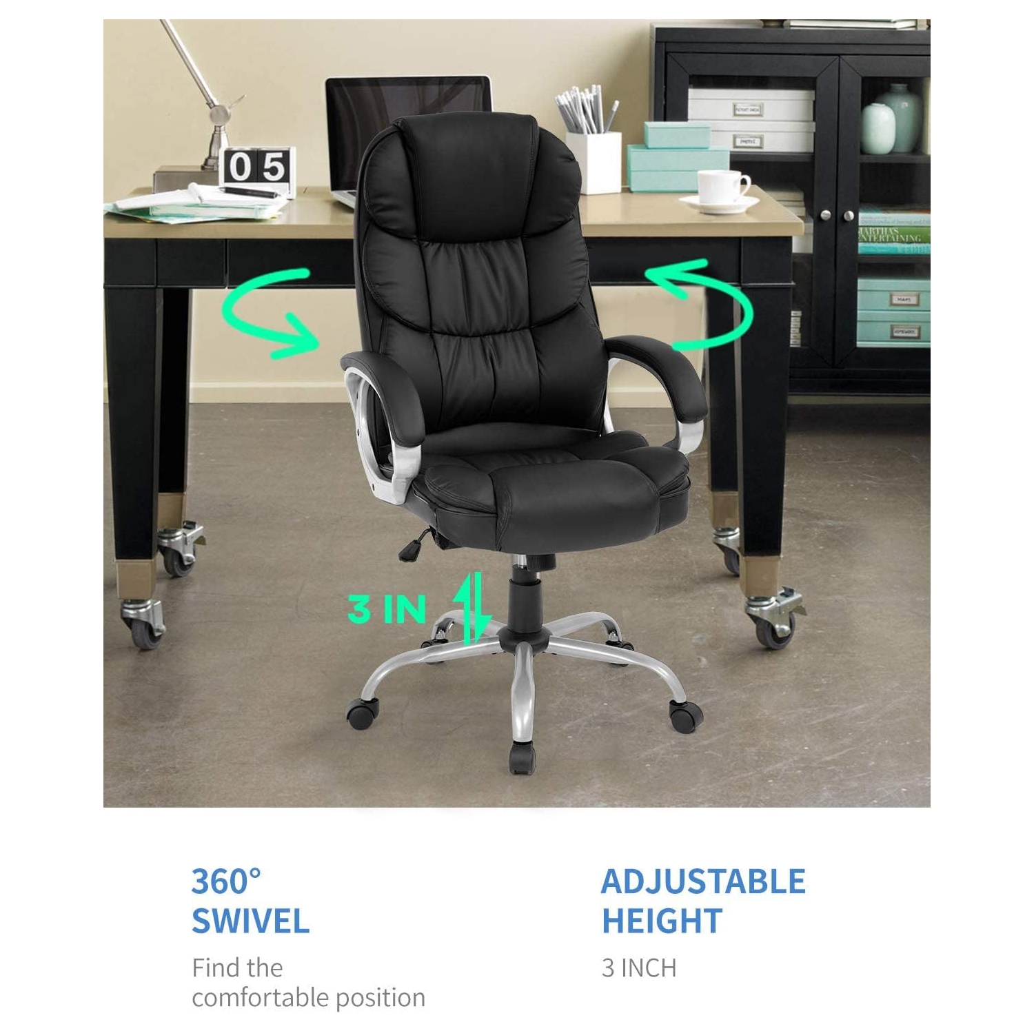 Office Chair Computer High Back Adjustable Ergonomic Desk Chair Executive PU Leather Swivel Task Chair with Armrests Lumbar Support