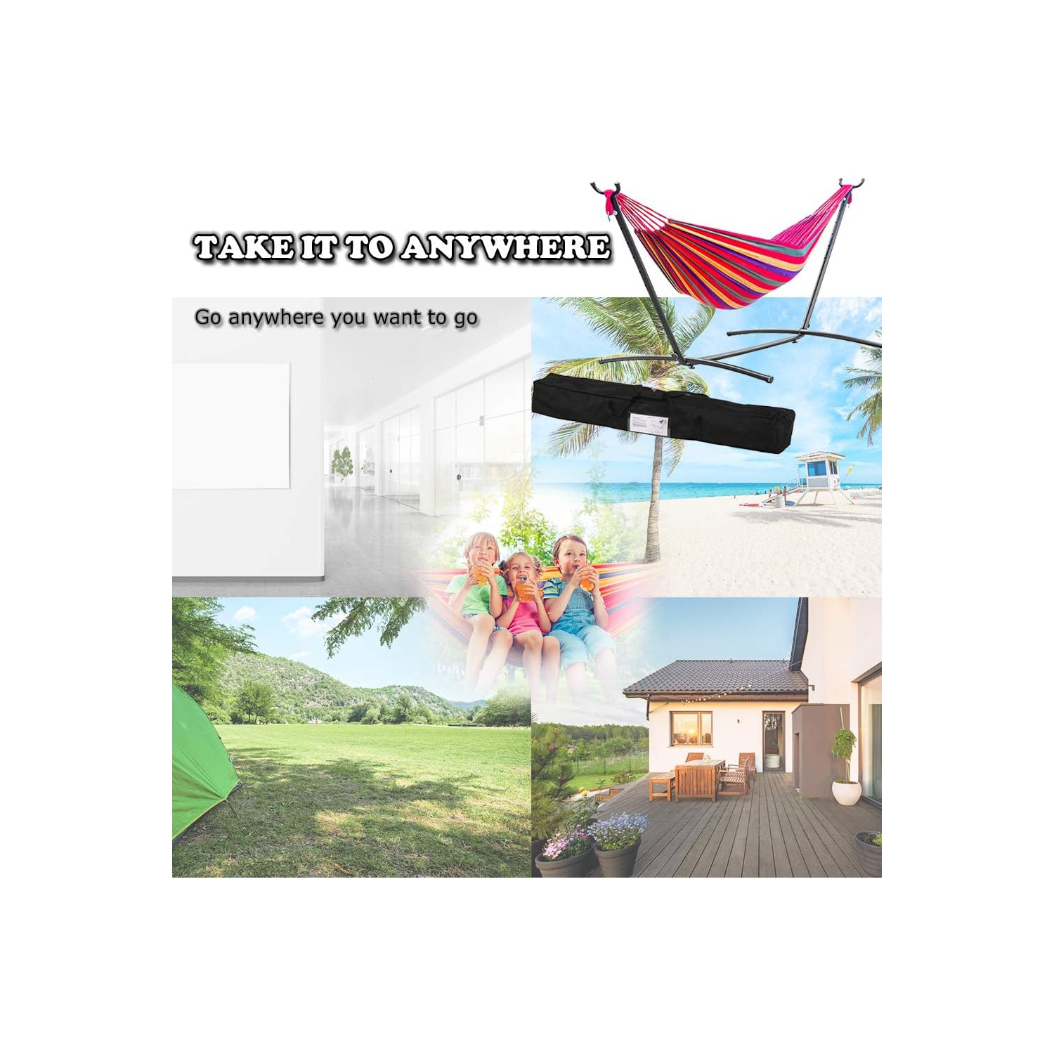 FDW – supports doubles pour hamac, support portatif en acier robuste pour patio extérieur ou intérieur avec sac de transport portatif, rouge