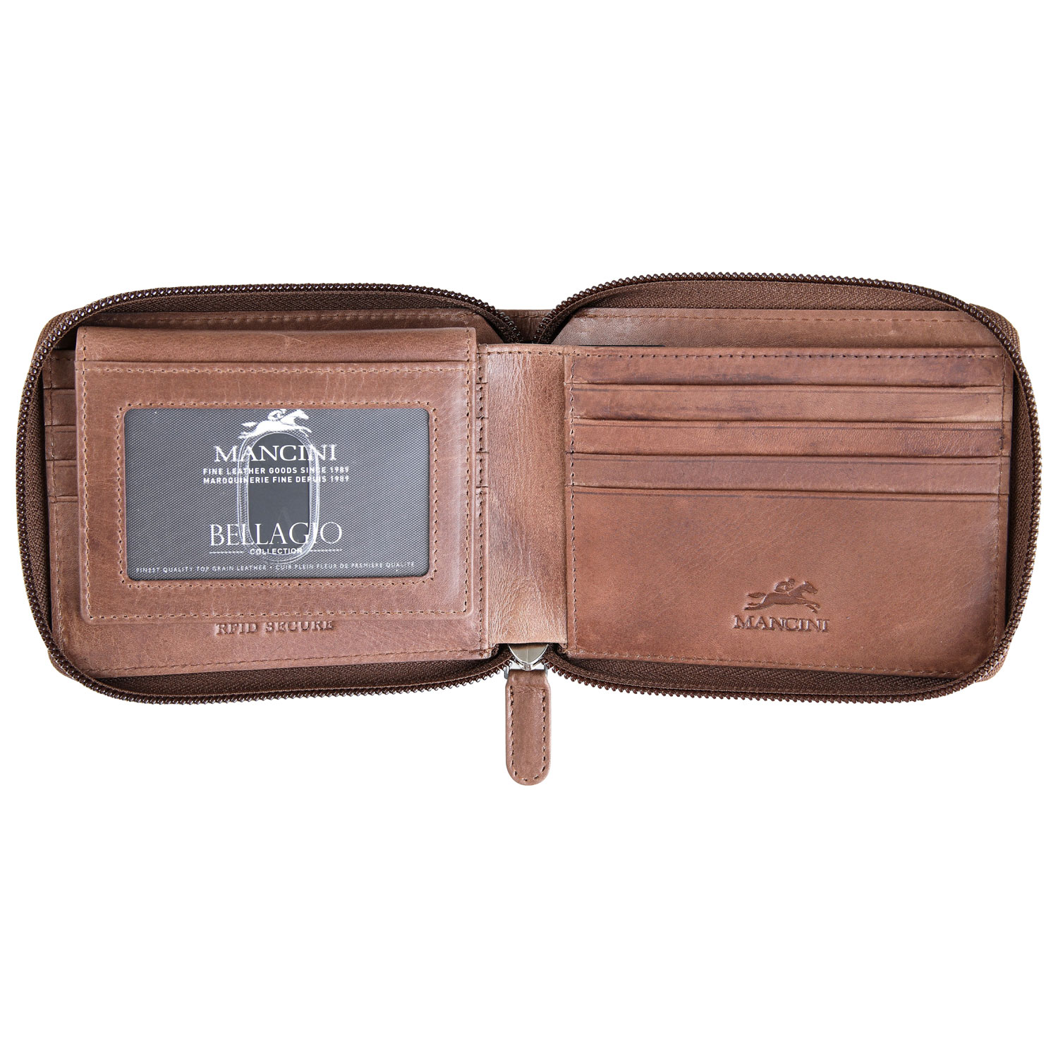 Portefeuille RFID à deux volets en cuir véritable avec fermeture à glissière Bellagio de Mancini - Brun