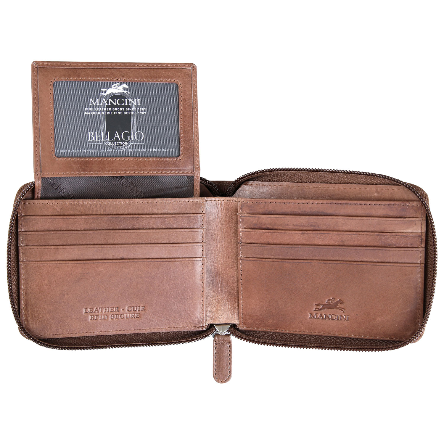 Portefeuille RFID à deux volets en cuir véritable avec fermeture à glissière Bellagio de Mancini - Brun