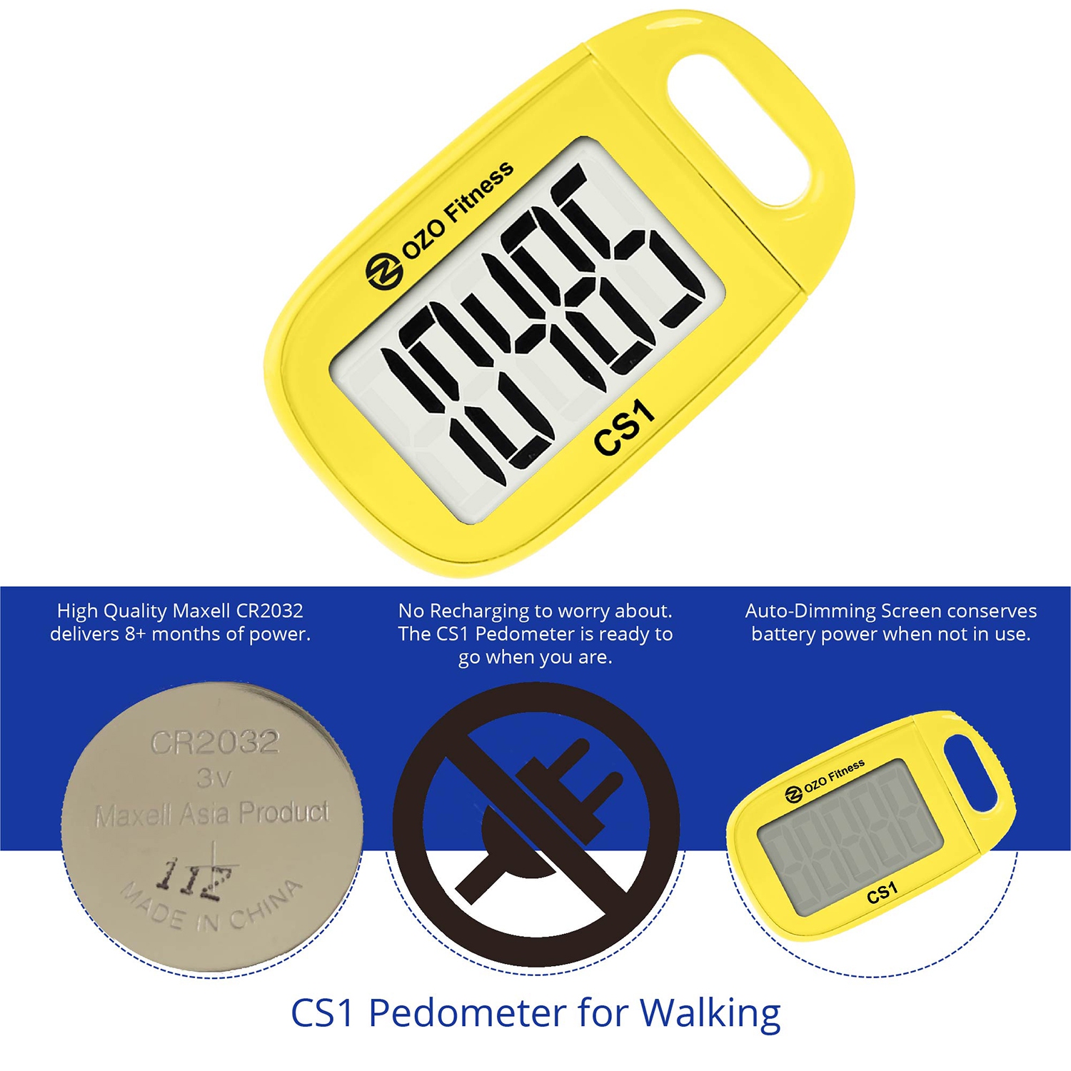 OZO Fitness CS1 Podomètre facile pour la marche - Compteur de pas avec  grand écran, clip et lanière (Jaune)