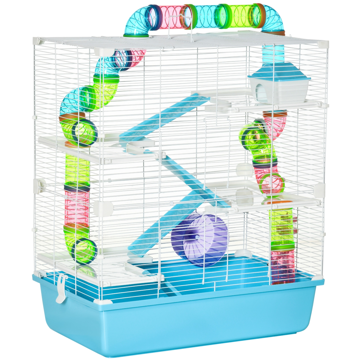 PawHut – Cage pour hamster, grande petite maison pour animaux, 5 étages, cornichon de cobaye, système de tubes tunnels, avec bouteille d'eau, roue