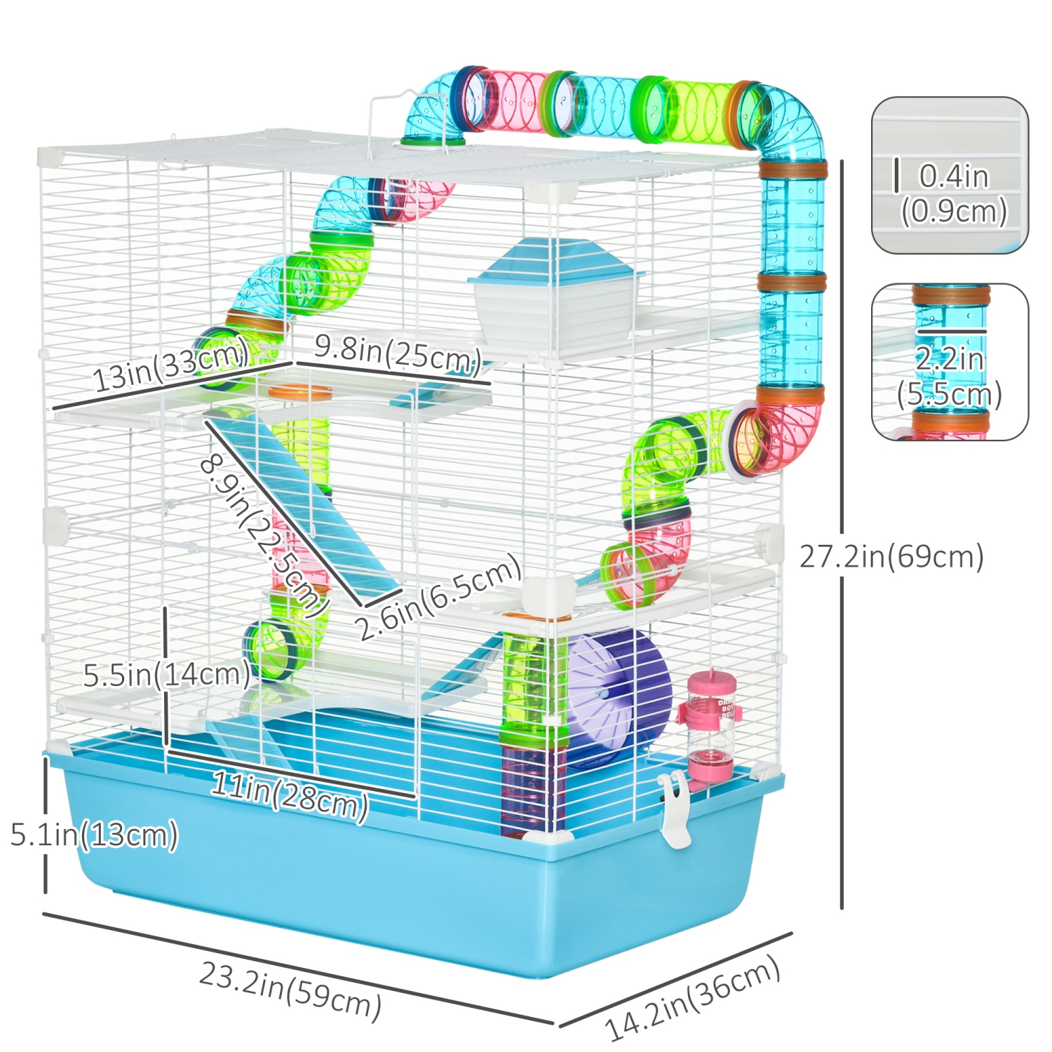 PawHut – Cage pour hamster, grande petite maison pour animaux, 5 étages, cornichon de cobaye, système de tubes tunnels, avec bouteille d'eau, roue