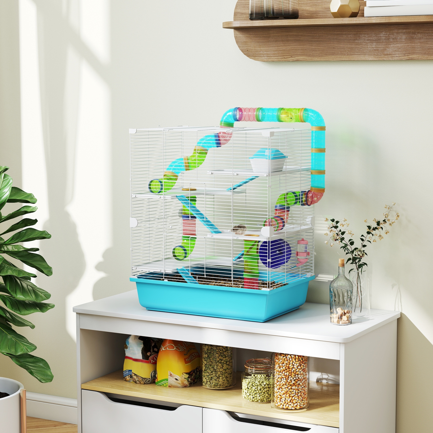 PawHut – Cage pour hamster, grande petite maison pour animaux, 5 étages, cornichon de cobaye, système de tubes tunnels, avec bouteille d'eau, roue