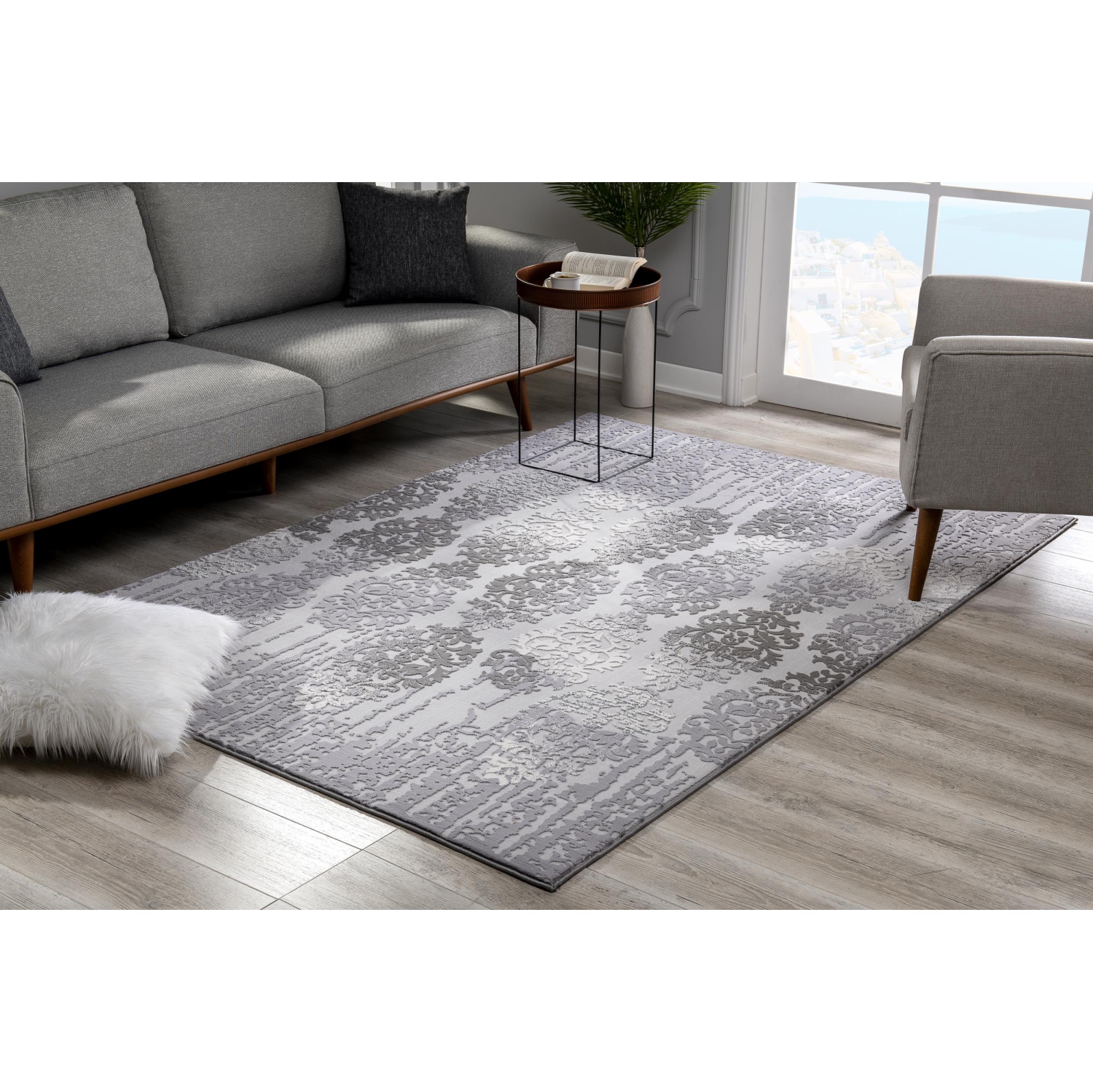 Rug Branch Ravenna Transitional Distressed Damask Grey/Beige Indoor Area Rug