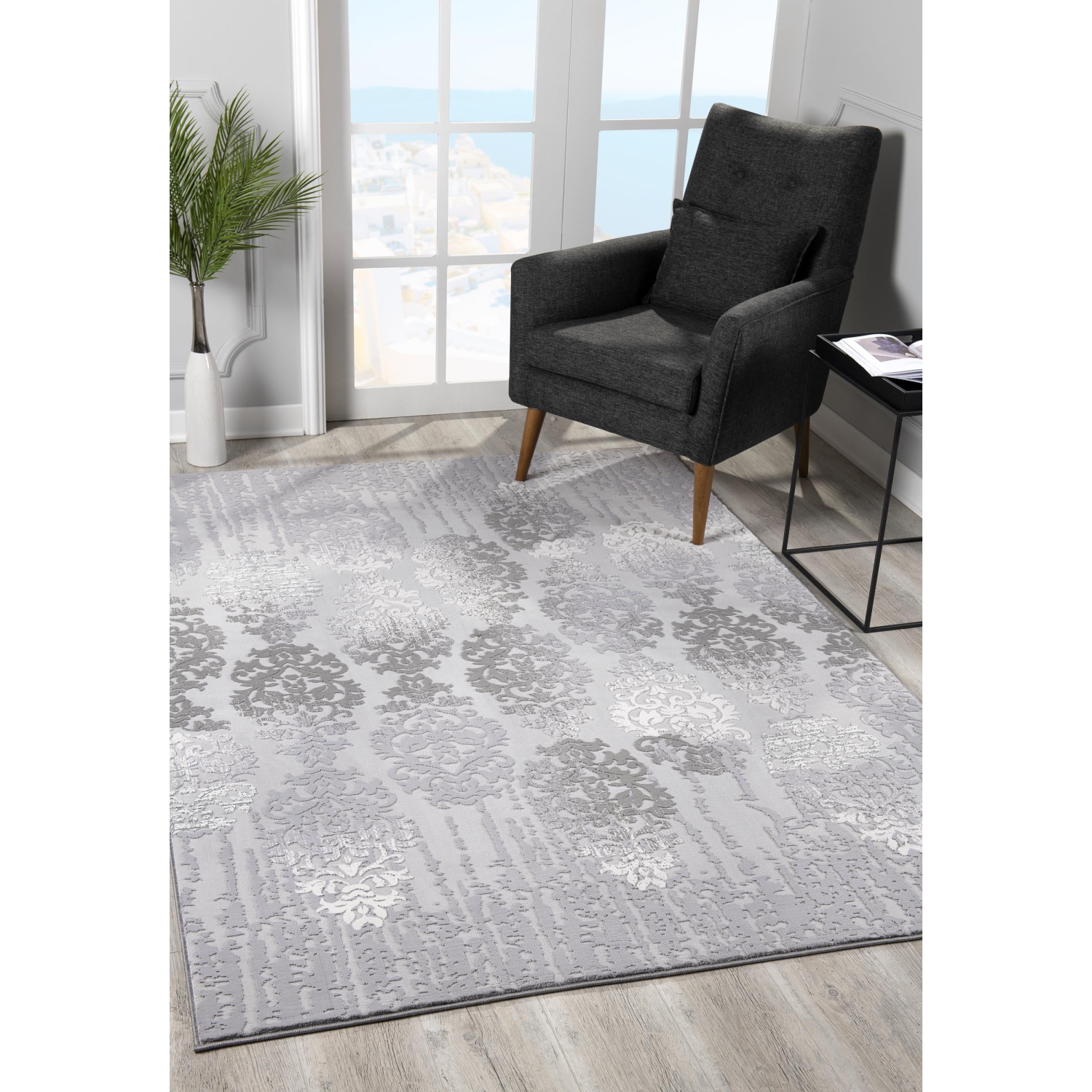 Rug Branch Ravenna Transitional Distressed Damask Grey/Beige Indoor Area Rug