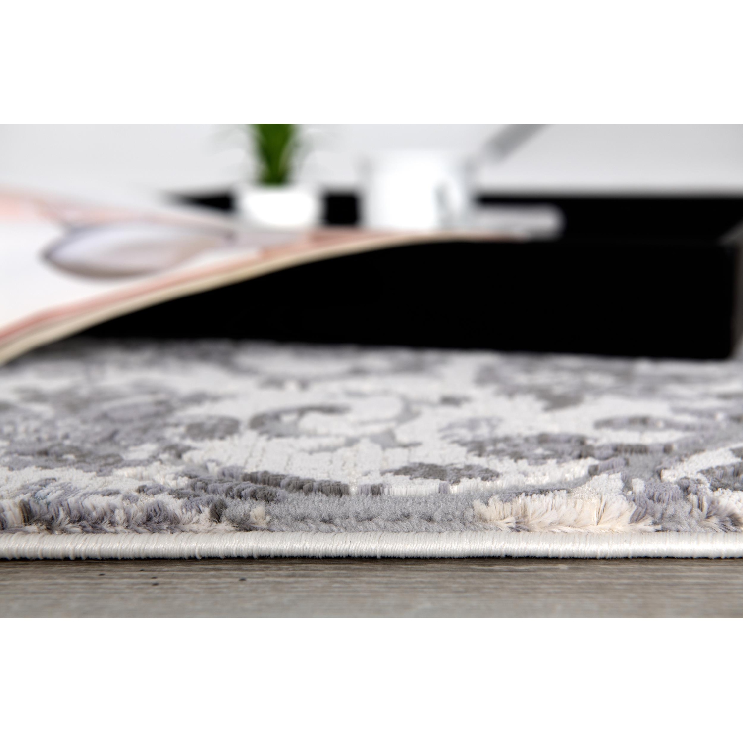 Tapis d'intérieur transitionnel Civita vieilli damassé beige/gris branche