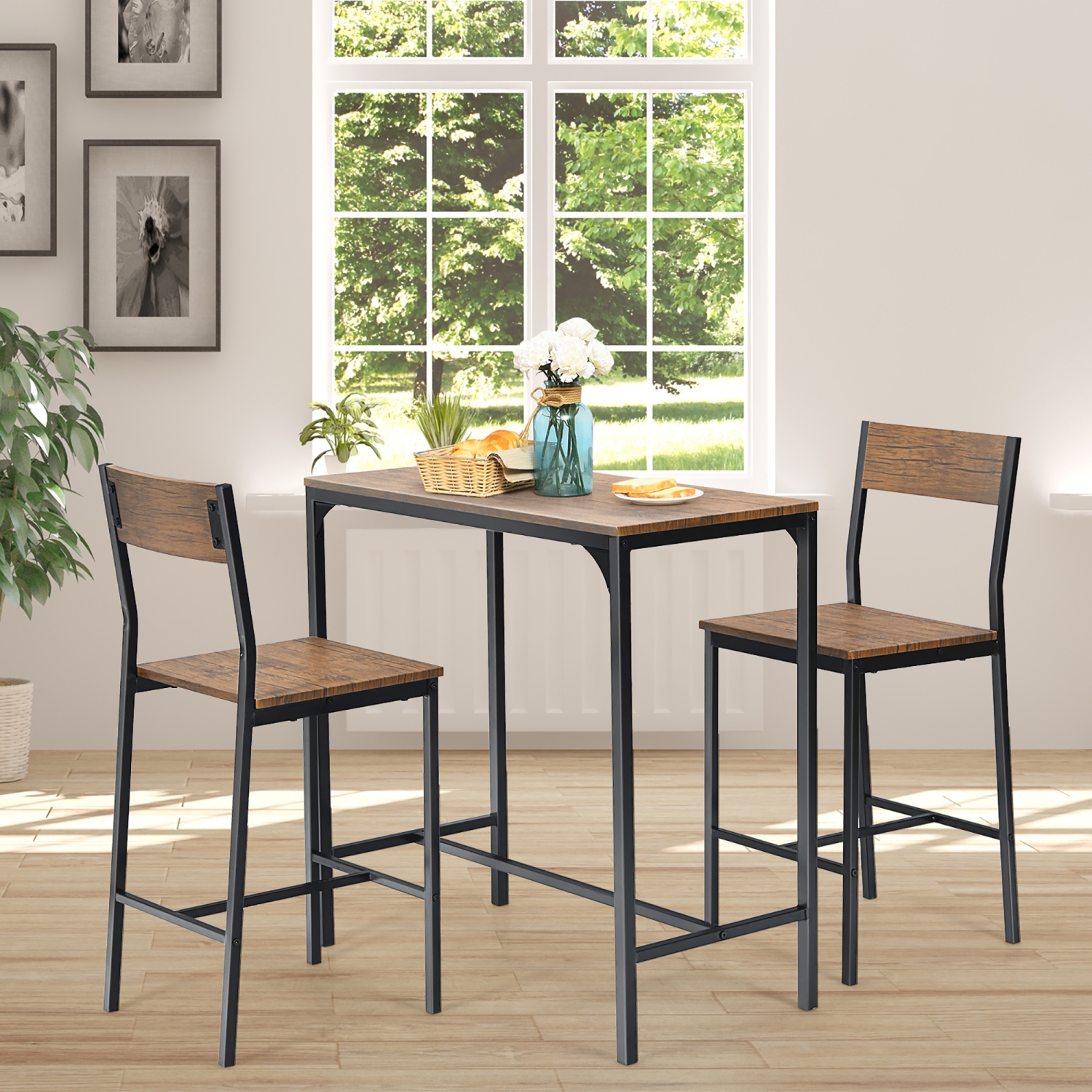 Costway 3PCS Bar Table Set Industrial Counter Height Dining Table Set w/2 Stools
