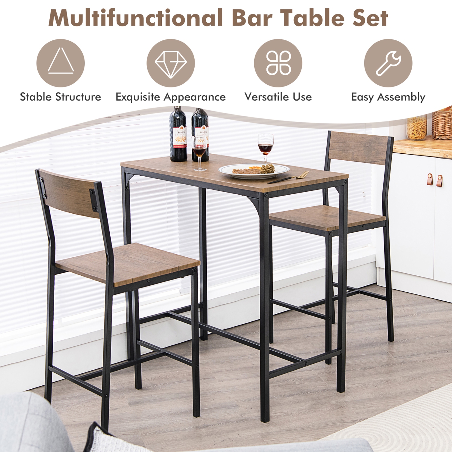 Costway 3PCS Bar Table Set Industrial Counter Height Dining Table Set w/2 Stools