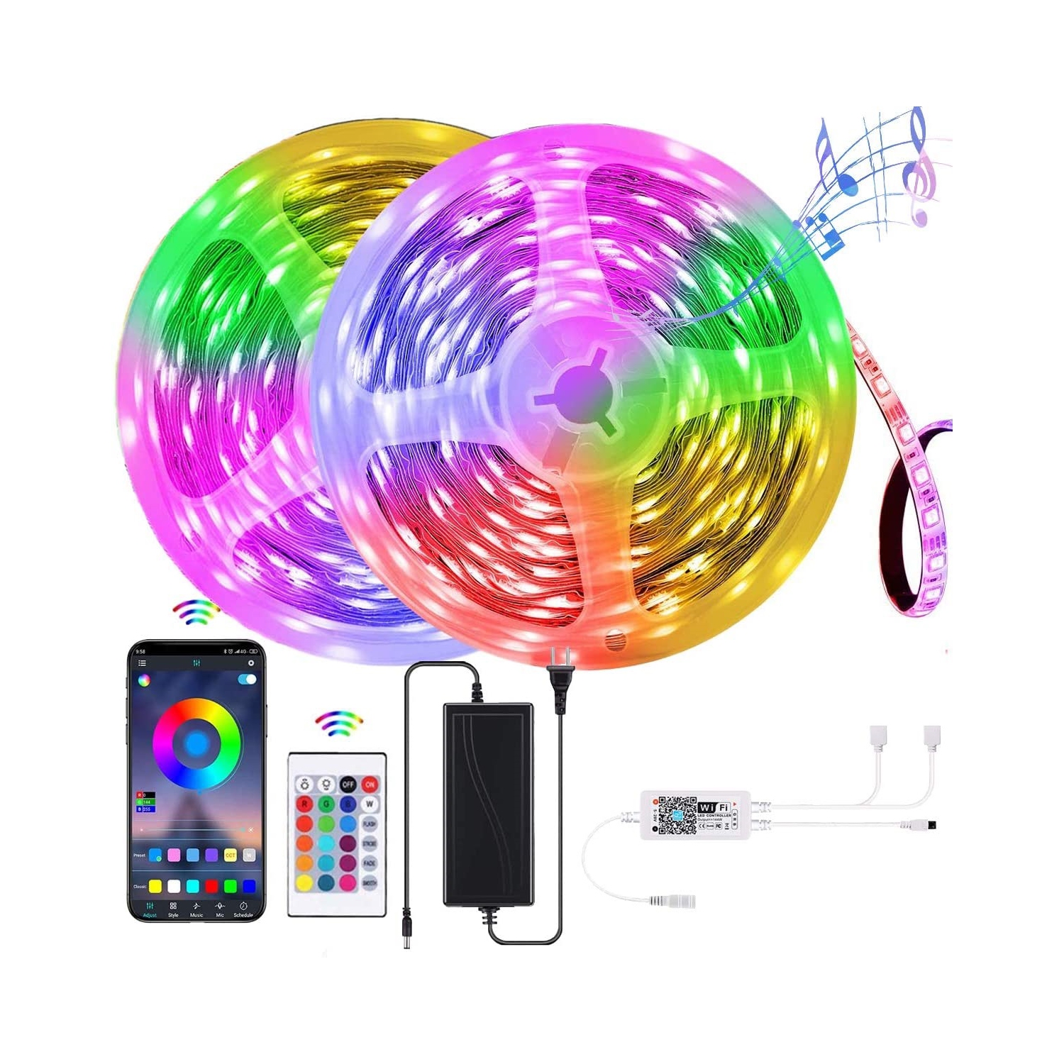 5050 Veilleuses à bande LED, 32,8 pieds RGB Gaming WiFi Bande LED à changement de couleur Fonctionne avec Alexa et Google Home, Éclairage sous le