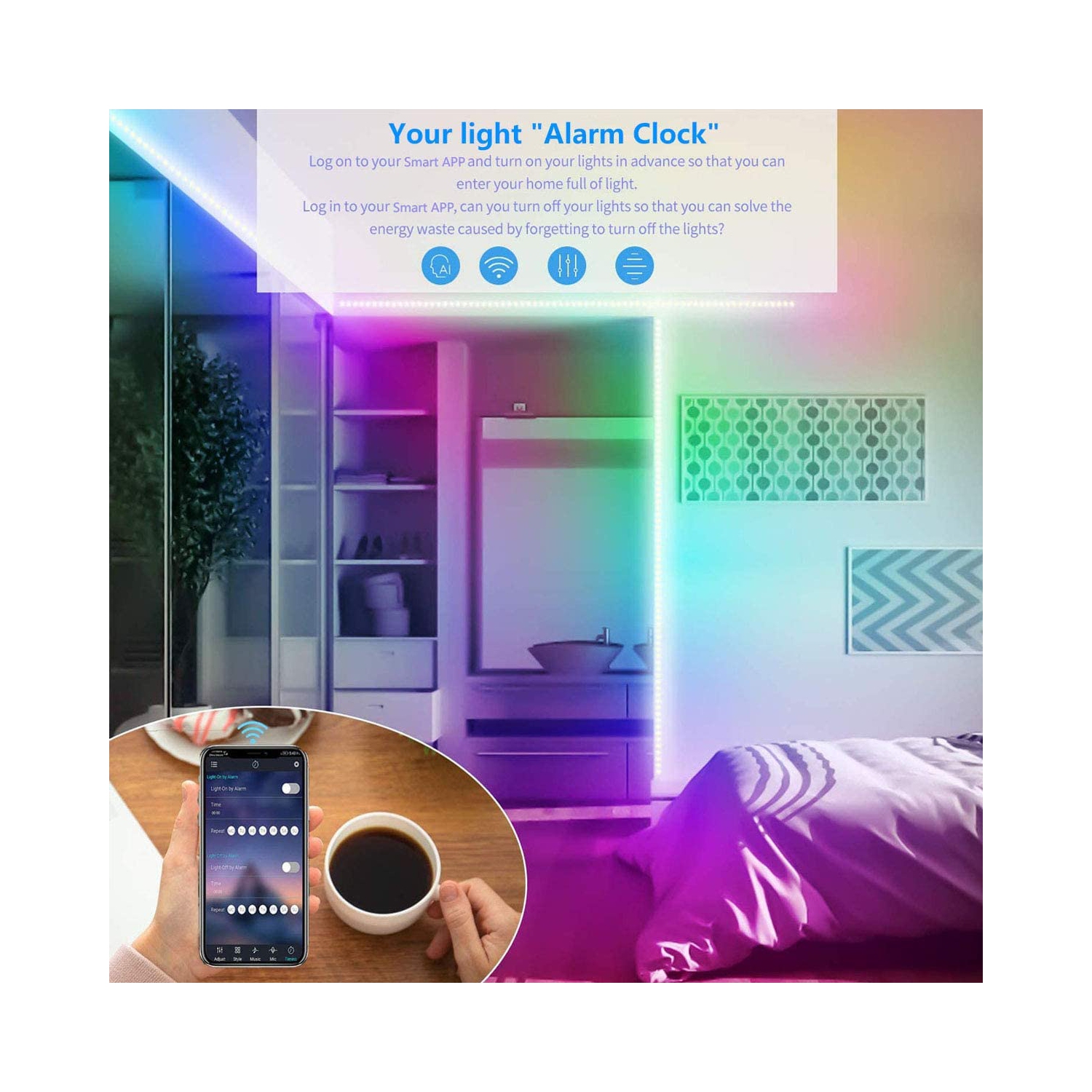 5050 Veilleuses à bande LED, 32,8 pieds RGB Gaming WiFi Bande LED à changement de couleur Fonctionne avec Alexa et Google Home, Éclairage sous le