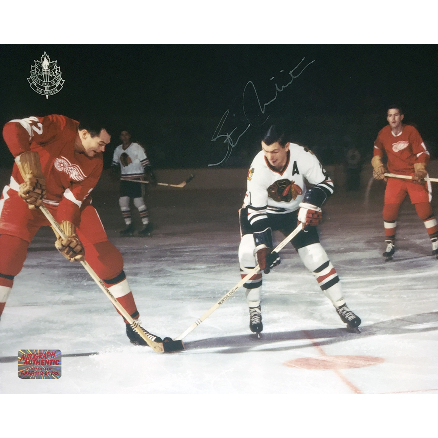 Signed Stan Mikita 8x10 Faceoff Photo - Chicago Blackhawks