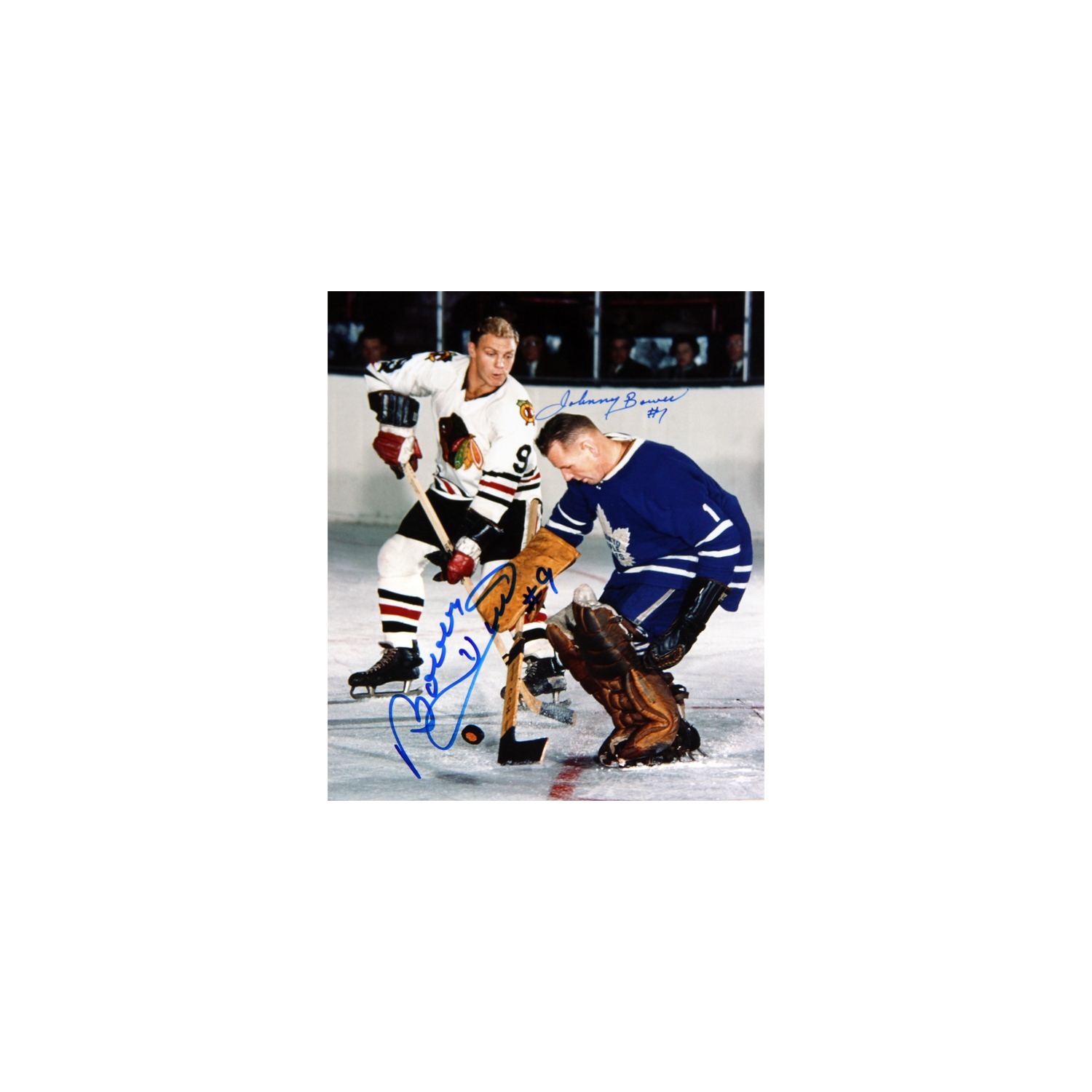 Bower Stops Hull Signed 8x10, TO Maple Leafs, CHG Blackhawks
