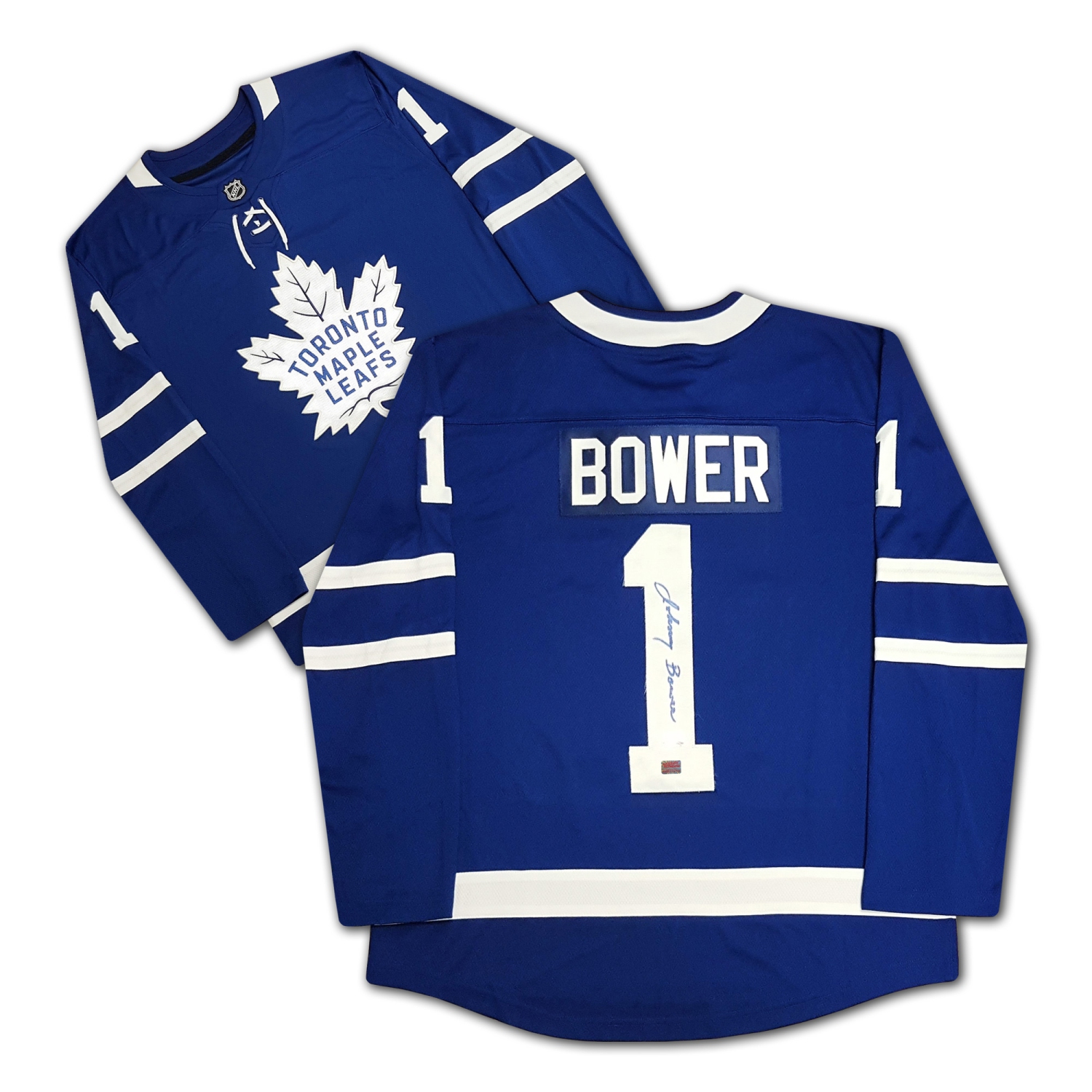 Johnny Bower Maillot bleu dédicacé des Maple Leafs de Toronto