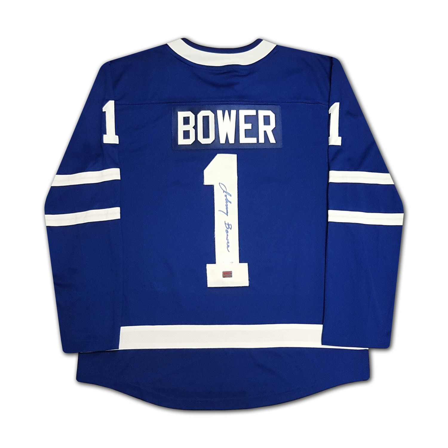 Johnny Bower Maillot bleu dédicacé des Maple Leafs de Toronto