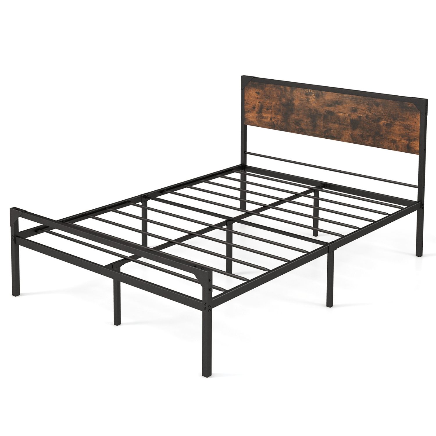 Costway Platform Queen/Full Bed with Rustic Headboard & Footboard Strong Metal Slat Support