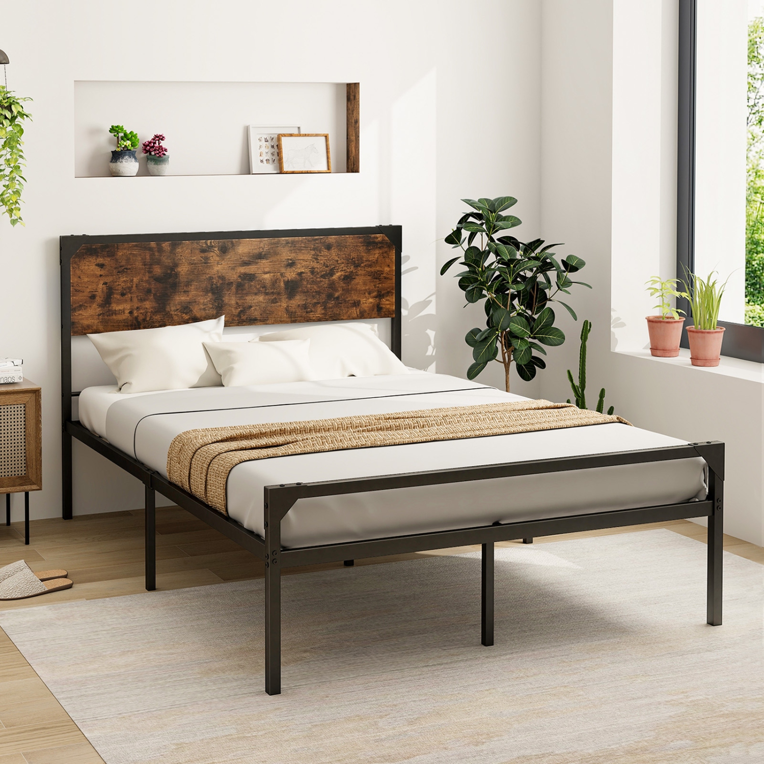 Costway Platform Queen/Full Bed with Rustic Headboard & Footboard Strong Metal Slat Support